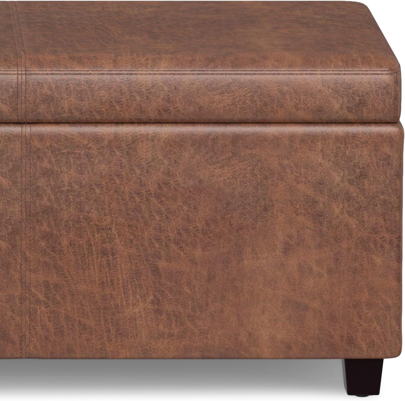 Distressed Saddle Brown Faux Leather Storage Ottoman Bench