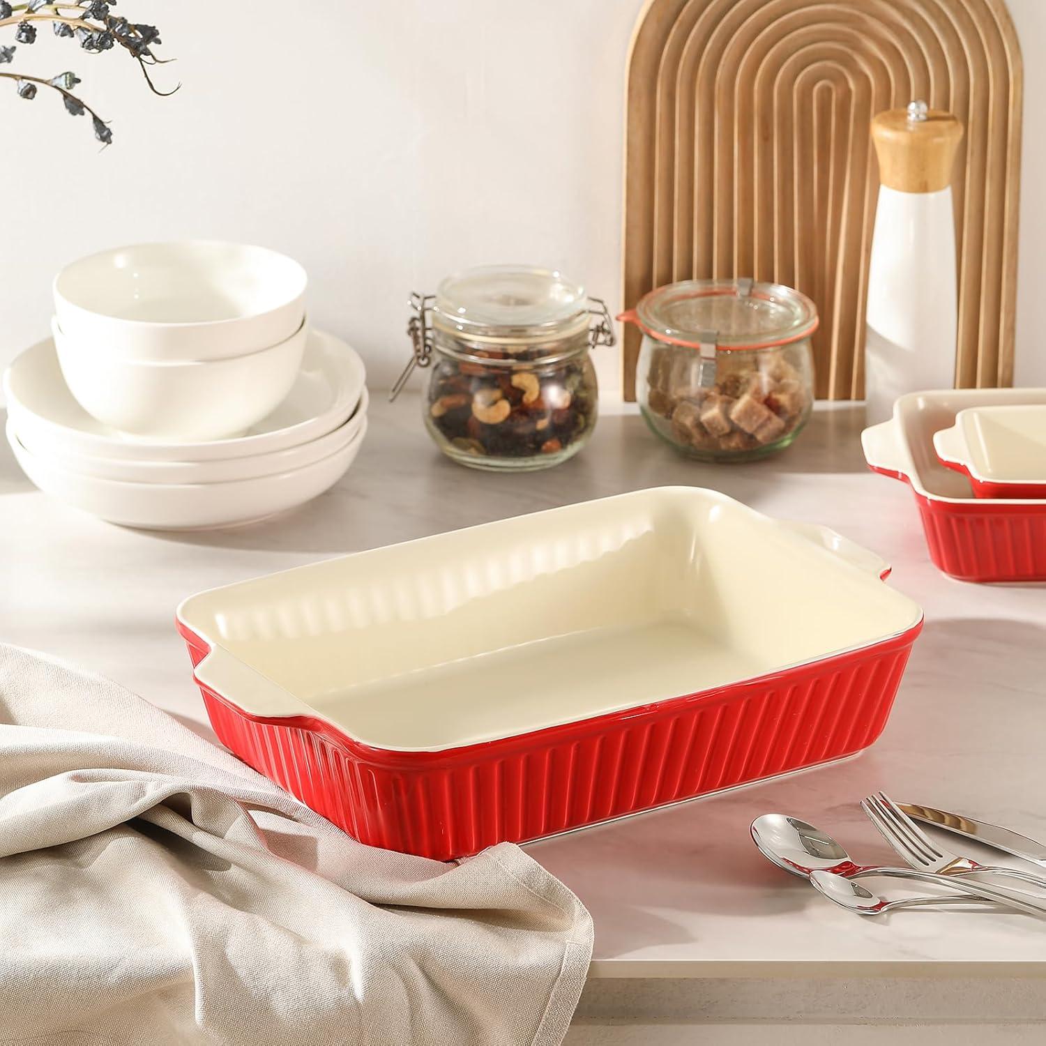 SWEEJAR Rectangular Ceramic Bakeware Set, Non-Stick Roasting Pan with Handles Baking Dishes,Casserole Pans for Cake Dinner, Set of 3 - Red