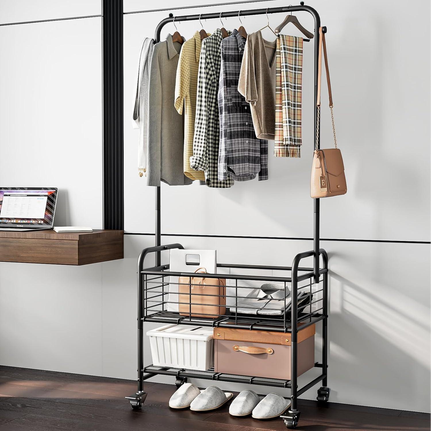 Black Metal Laundry Sorter with Wheels and Hanging Rack