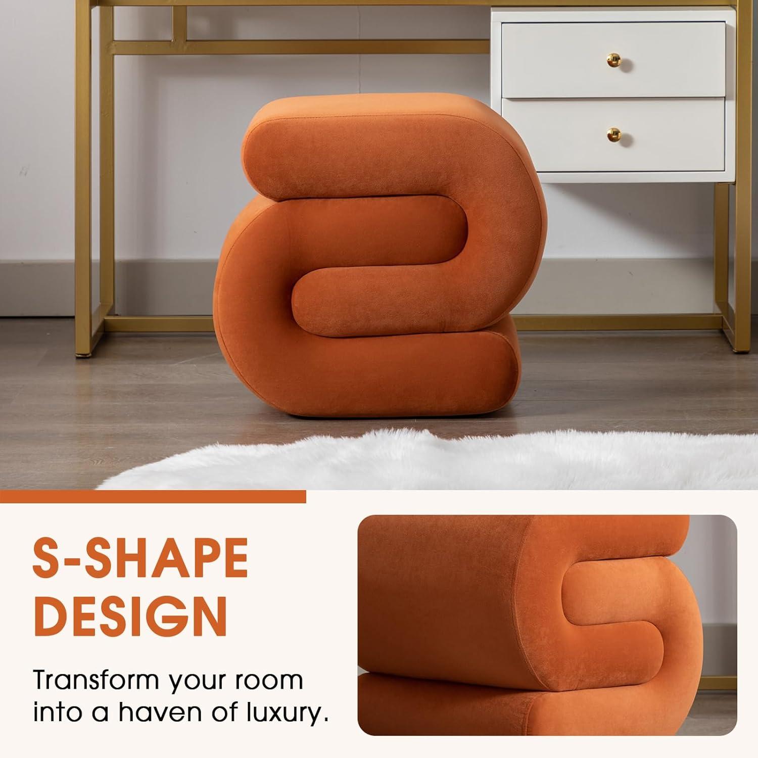 Foot Stool, Modern S-Shape Velvet Ottoman Makeup Chair Footstool Under Desk, Upholstered Extra Seating for Living Room, Bedroom, Entryway, Office (Orange)