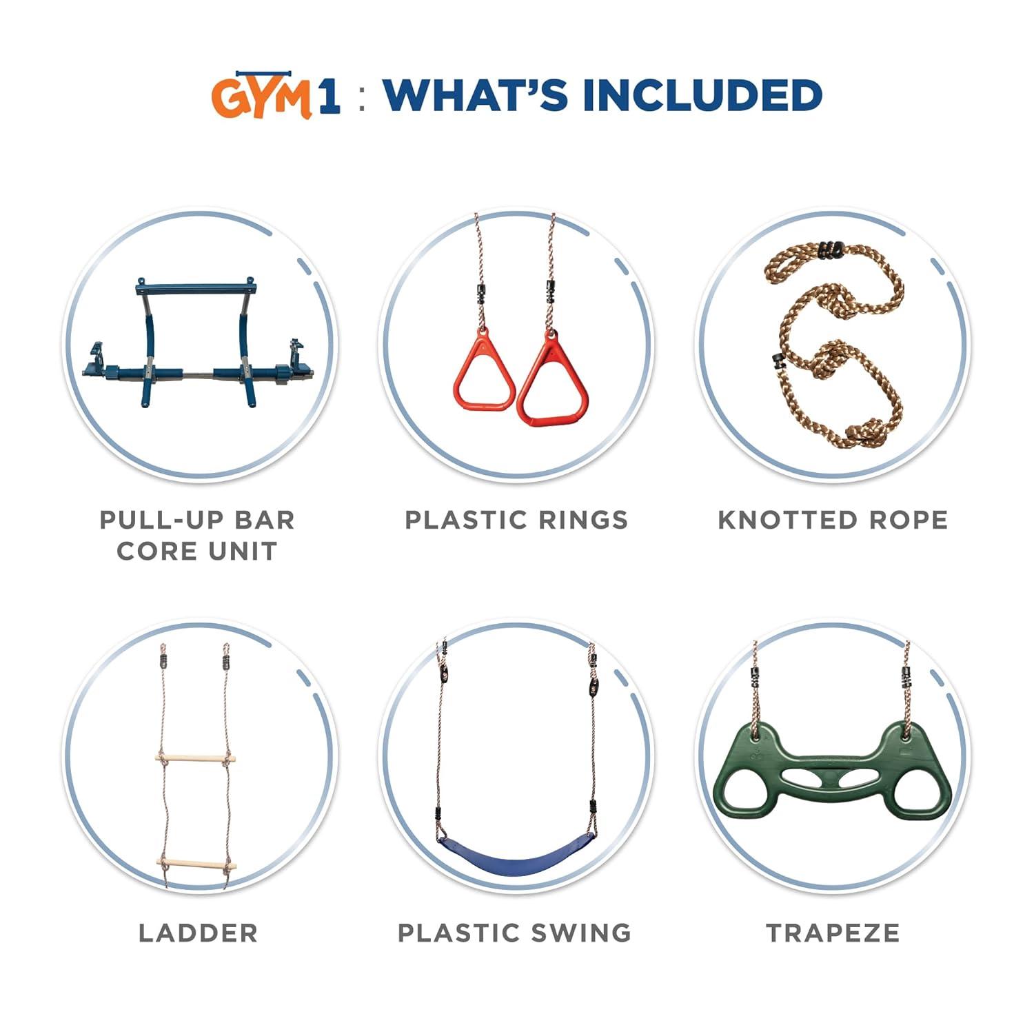 Gym1 6-Piece Doorway Gym for Kids, Includes Door Sensory Swing, Indoor Pull Up Bar, Rings, and more, Holds Up to 300 Lbs