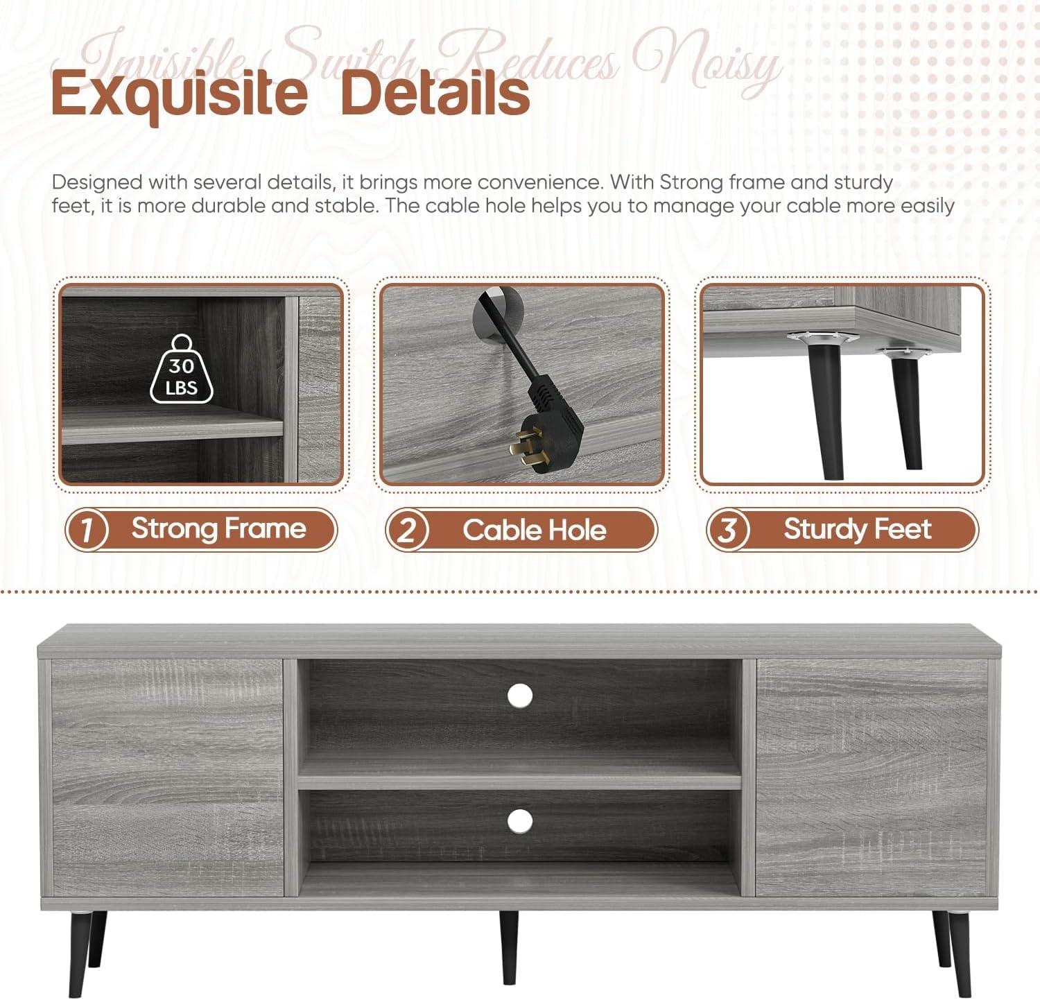 YESHOMY Modern TV Stand for 65" Television, Entertainment Center with Two Storage Cabinets, Retro Style Media Console for Living Room, Bedroom, Office, 58 Inch, Light Gray