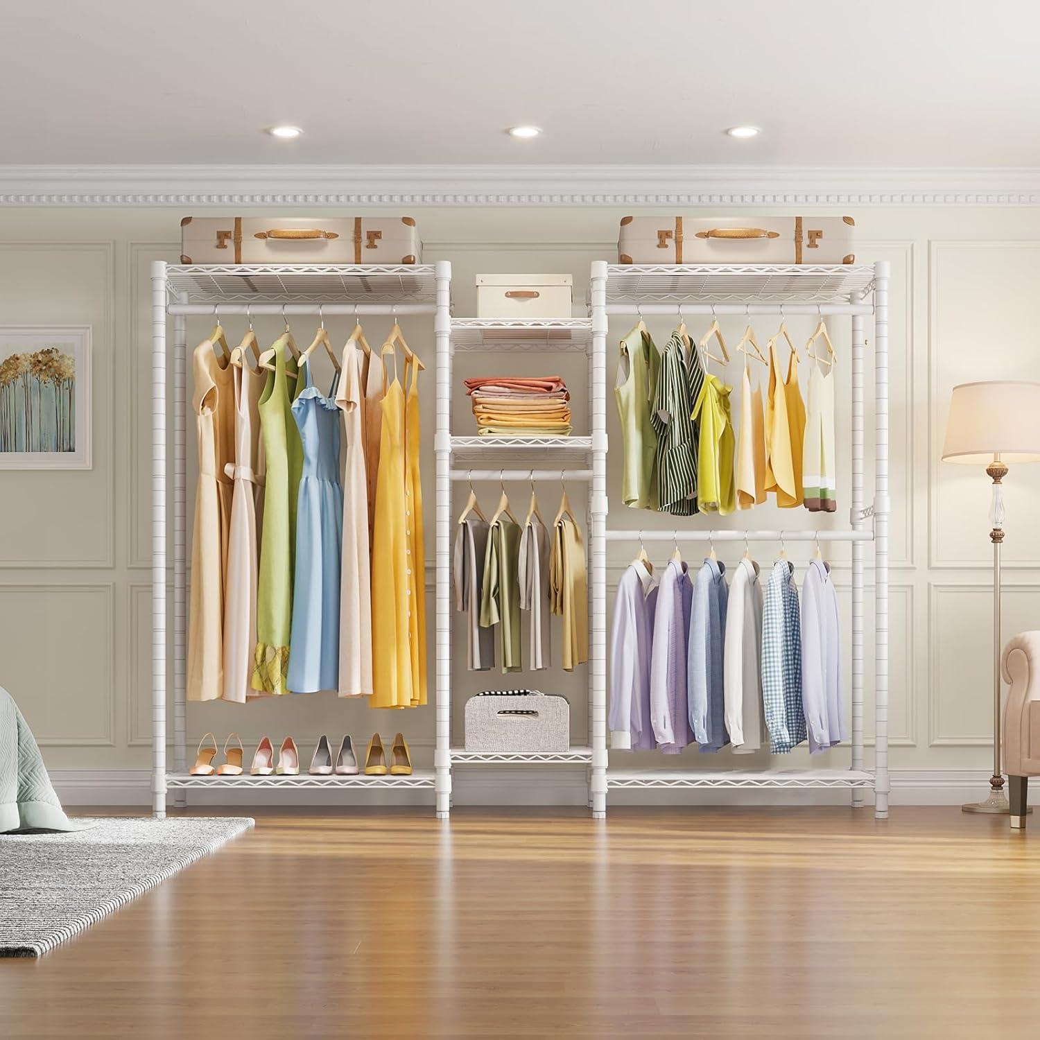 Ulif E7 Heavy Duty Garment Rack, Clothes Organizer and Storage Rack with Expandable Hangers, Metal Clothing Rack with 6 Wire Shelves, (52.3"-72") W x 14.5" D x 71.2" H, Load 838 LBS, White