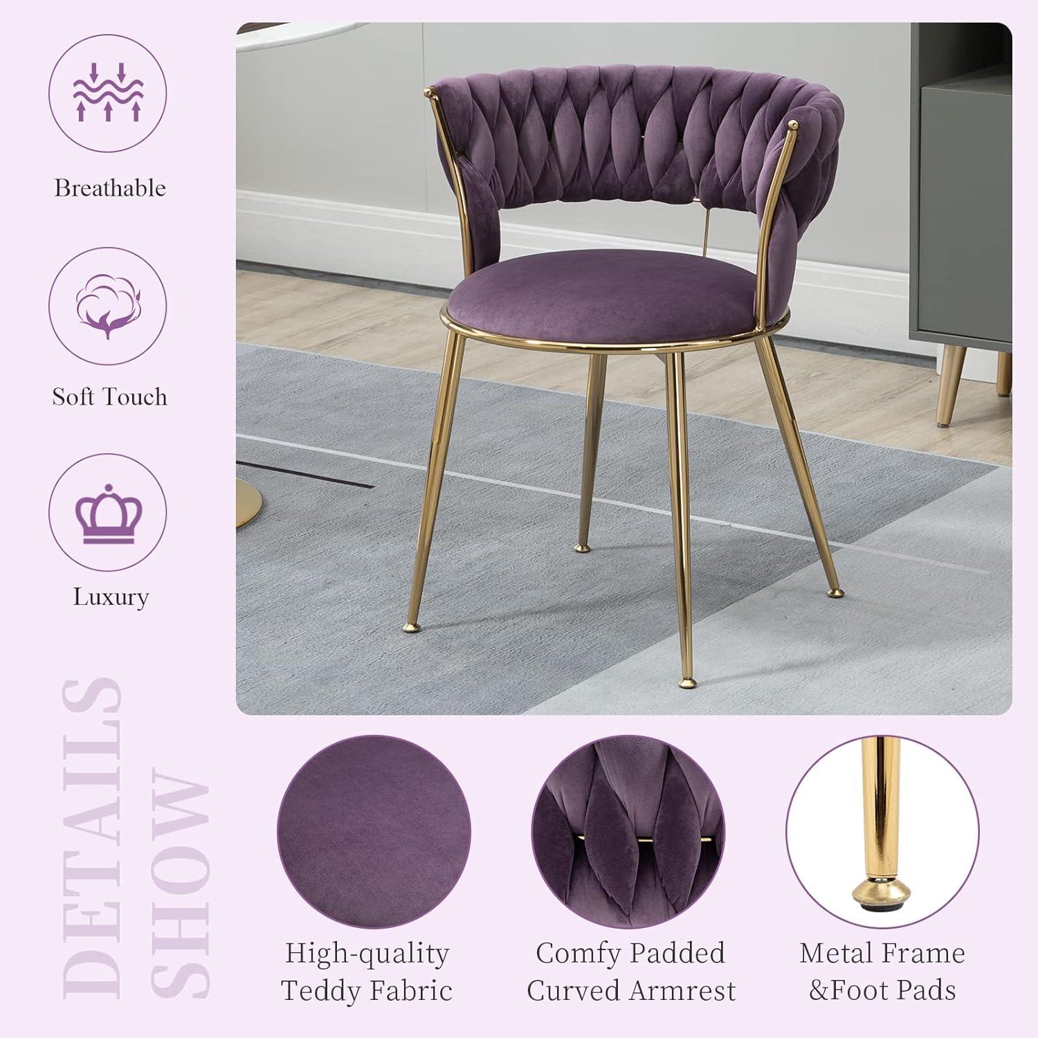 Dining Chair Set of 2, Velvet Woven Upholstered Dining Chair with Gold Metal Legs, Dining Chairs Kitchen Chairs for Dining Room, Kitchen, Vanity, Living Room, Purple