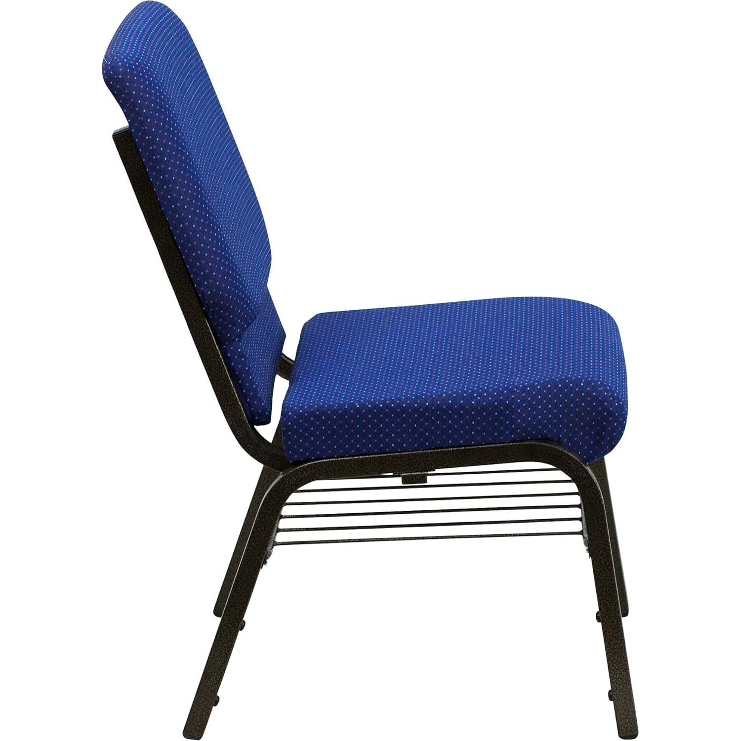BizChair 18.5''W Church Chair in Navy Blue Patterned Fabric with Book Rack - Gold Vein Frame