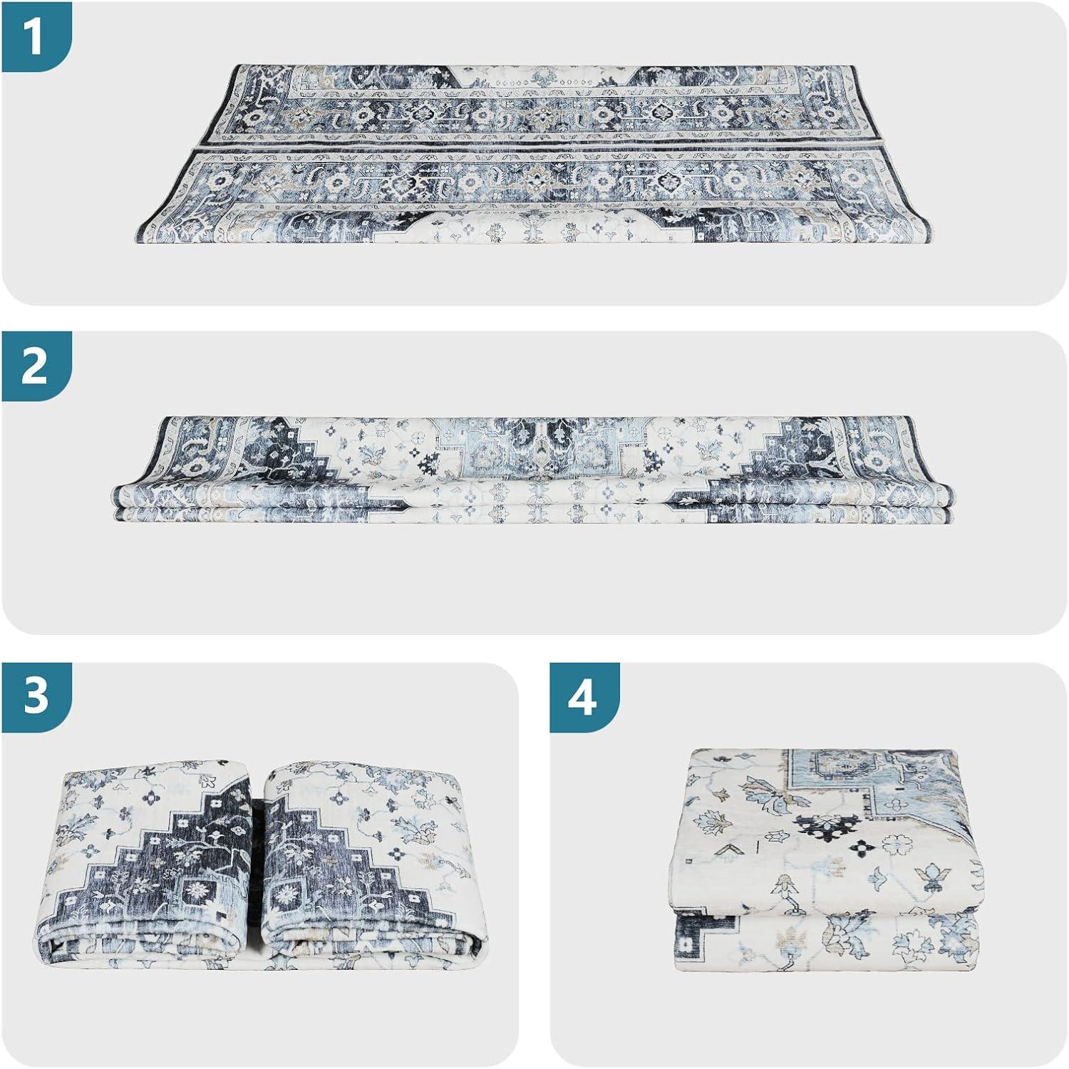 Garvee 9x12 Large Area Rug Washable Rug Vintage Floral Printed Carpet Boho Chenille Floor Cover Non-Slip Soft Foldable Thin Rug Home Decor, Blue/Beige