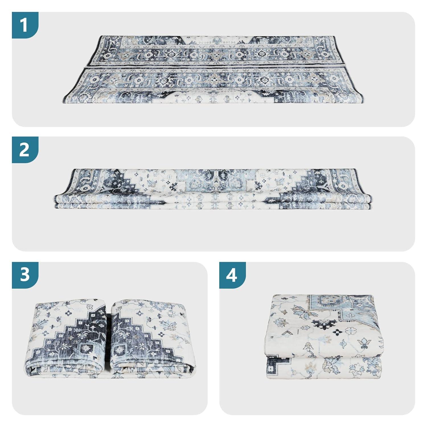 Garvee 9x12 Large Area Rug Washable Rug Vintage Floral Printed Carpet Boho Chenille Floor Cover Non-Slip Soft Foldable Thin Rug Home Decor, Blue/Beige