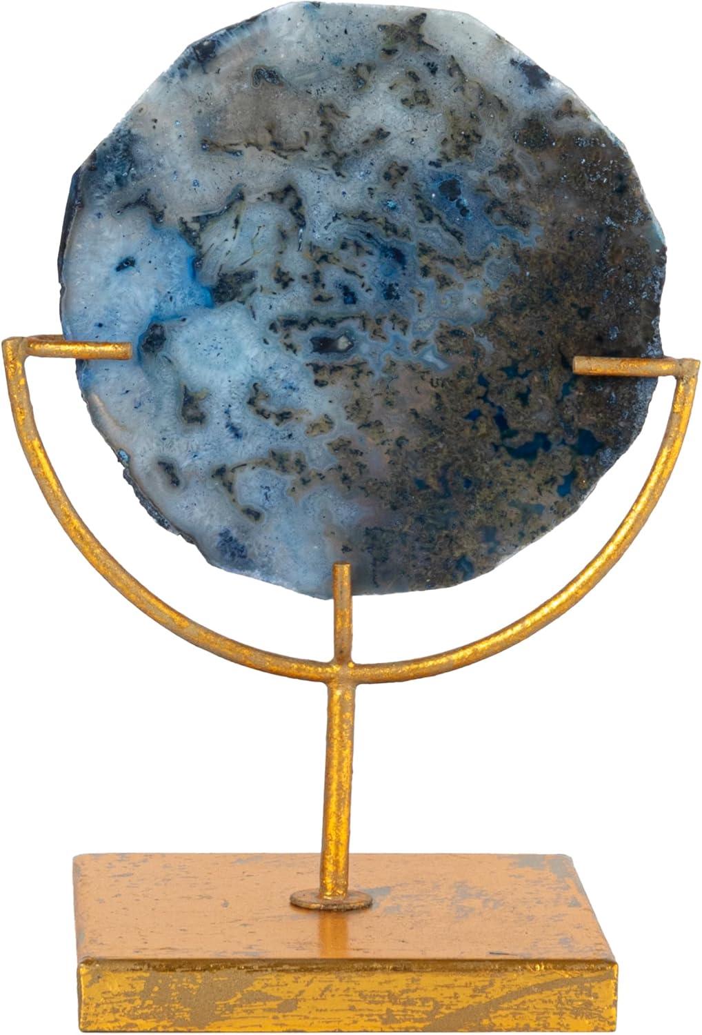 Blue Agate Stone Slice on Gold Metal Stand