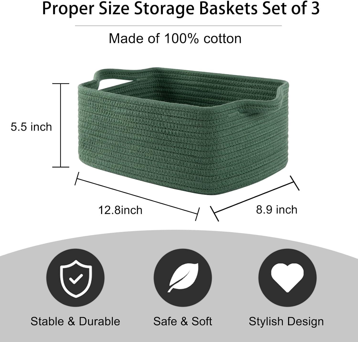 Design 3-Pack Storage Baskets for Shelves, Decorative Baskets for Organizing, Woven Baskets for Storage, Book Basket Cube Storage Bin Box, Pantry Closet and Shoe Organizers, Forest Green