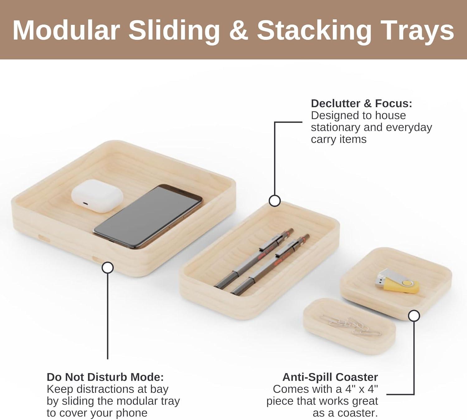 Hoek Stack Modular Desk Organizer - Sustainable Solid Wood with Sliding & Stackable Trays, Cork Bottom - Mid-Century Modern Setup to Study (Birch)