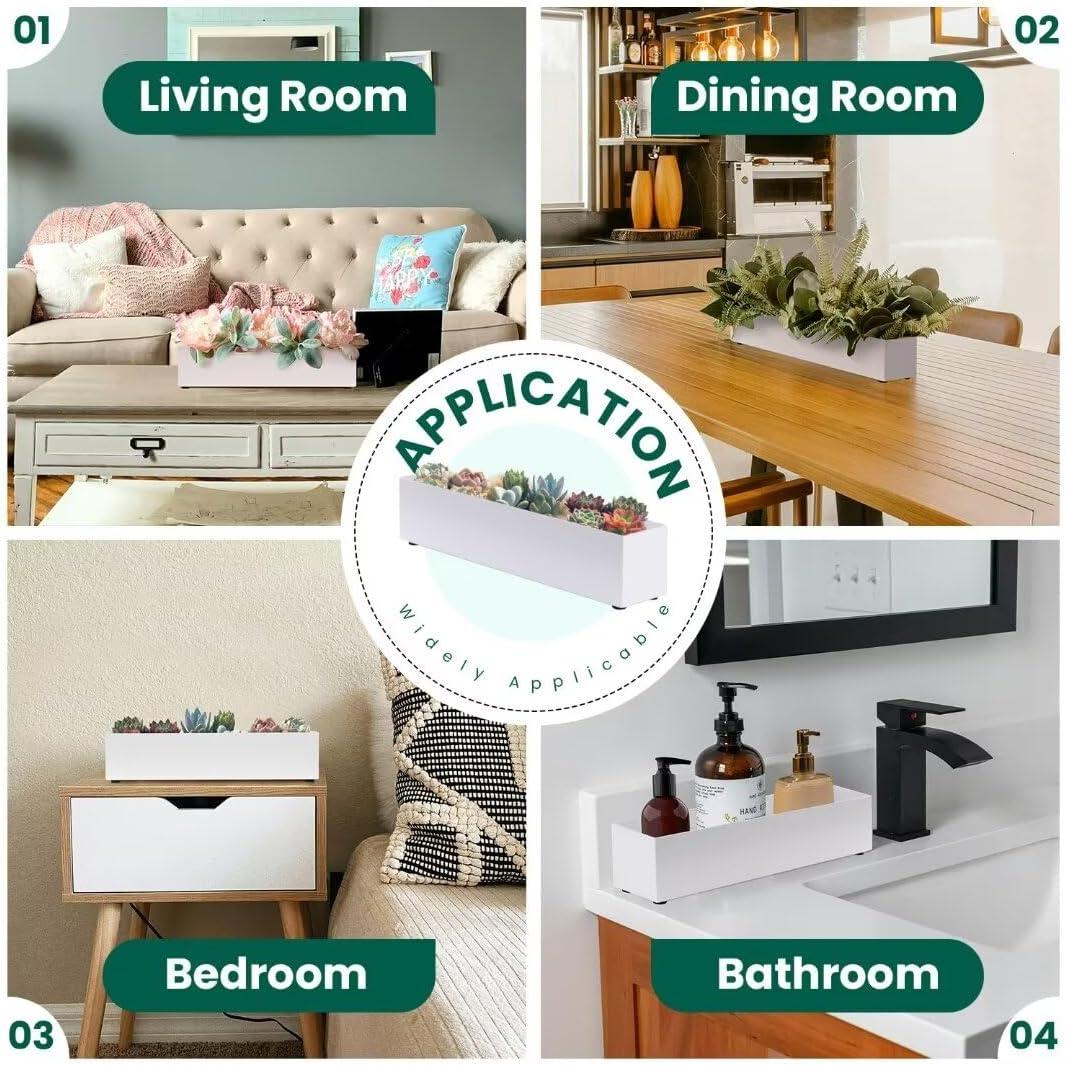 16" Window Box Rectangular Succulent Planting Box Metal Table Sill Planter Pots Modern Long Durable for Small Herb with Drainage Hole for Indoor Outdoor, with 4 Free Rubber Mats, White