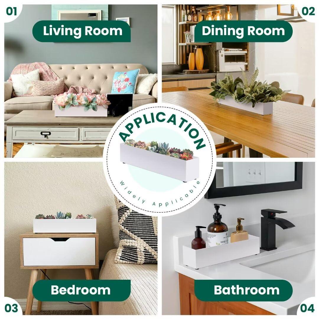 16" Window Box Rectangular Succulent Planting Box Metal Table Sill Planter Pots Modern Long Durable for Small Herb with Drainage Hole for Indoor Outdoor, with 4 Free Rubber Mats, White