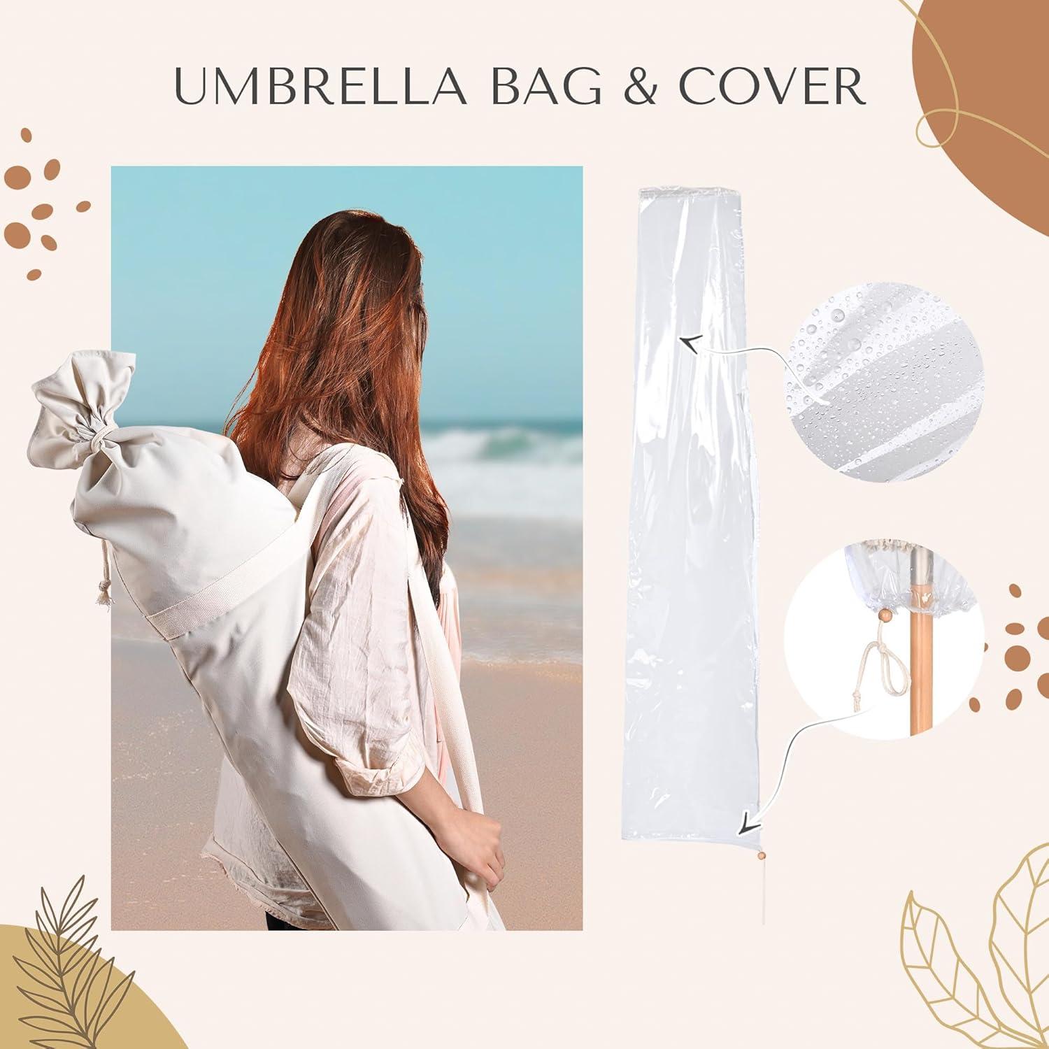 LAGarden BOHO 9' Fringe Patio Umbrella with Tassels UPF50+ Boho Style 5-Year-Non-Fading for Outdoor Yard Market Ivony Xchevron white