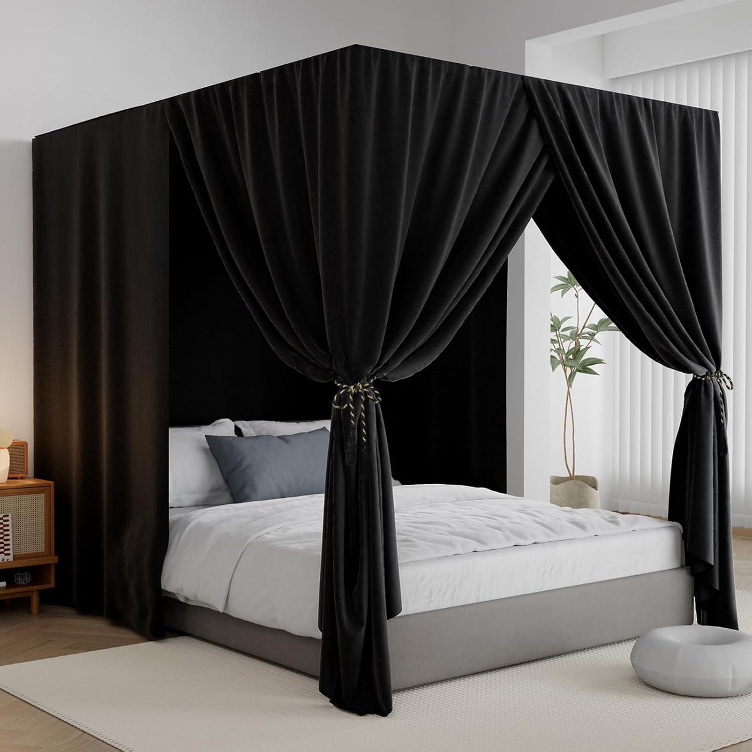 Black Canopy Bed Curtains - 4 Corner Post Bed Curtains King Lightproof Drapes Bed Canopy Curtain with Tie Backs for Adults & Girls Bedroom Decoration(Black,King)