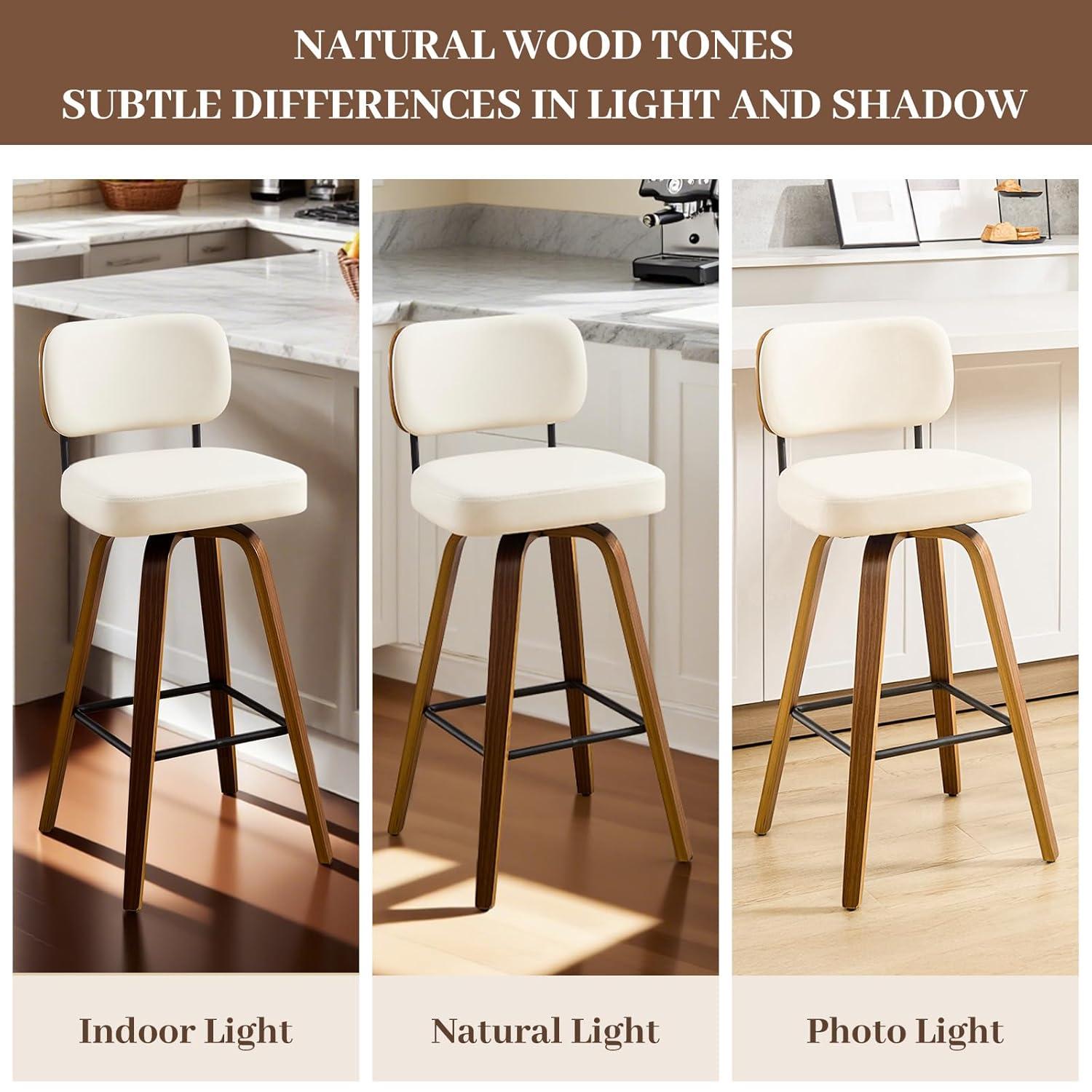 Lucky Monet 26"/29" Swivel Bar Stools/ Counter Stools with Bentwood Legs Set of 2 - Cream White-PU Back - Bar Height