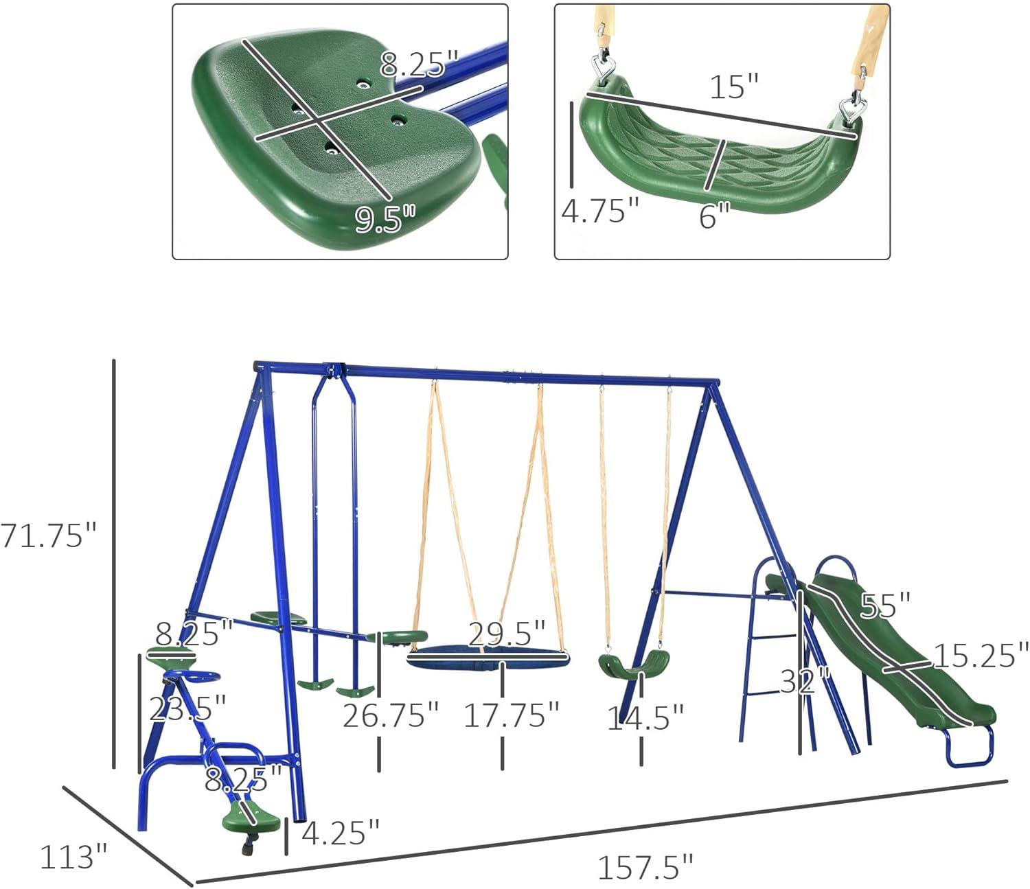 Blue and Green Steel Outdoor Playset with Slide and Swings