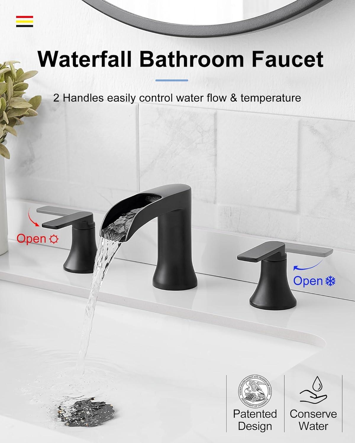 Matte Black Brass 8-Inch Widespread Waterfall Bathroom Faucet