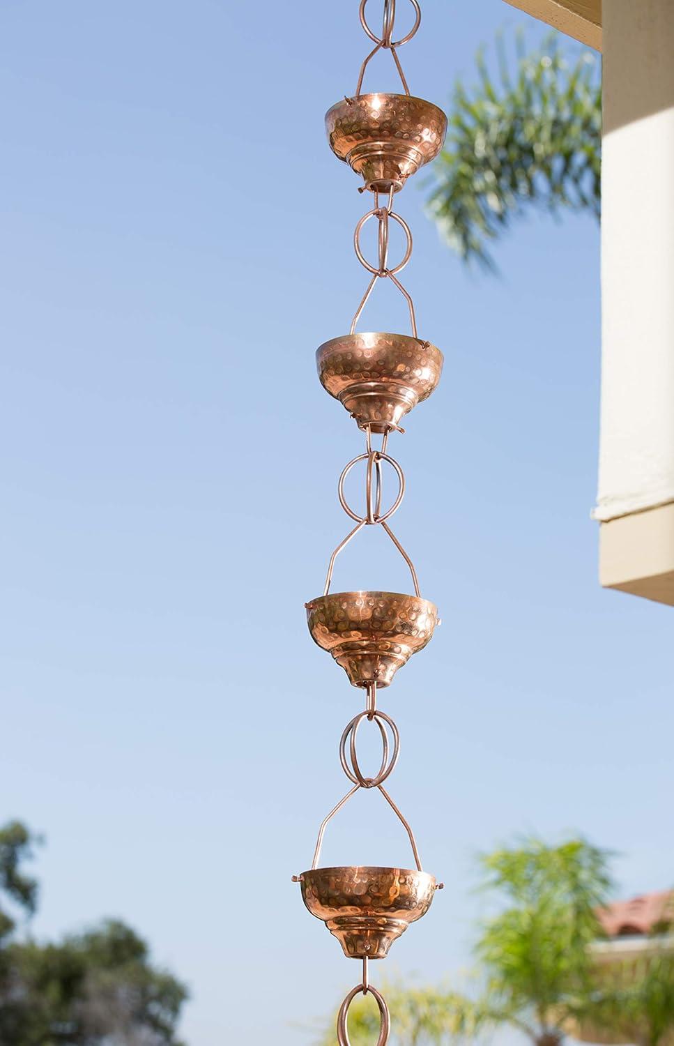 Monarch Rain Chains Pure Copper Eastern Hammered Cup Rain Chain Replacement Downspout for Gutters, 8-1/2 Feet Length