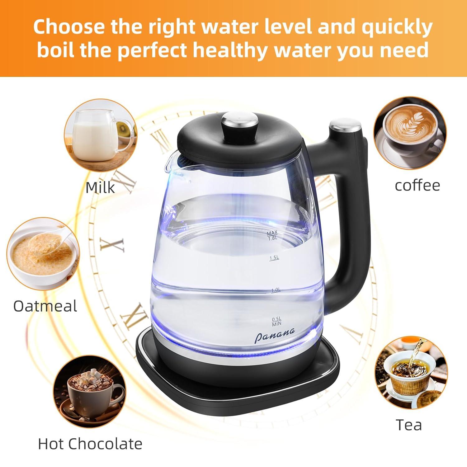 Panana Electric Kettle, Tea Kettle Pot, 1.8L, 1200W, Removable Stainless Steel Inner Lid for Easy Cleaning, Hot Water Kettle Teapot Boiler, Automatic Shut Off, BPA-Free