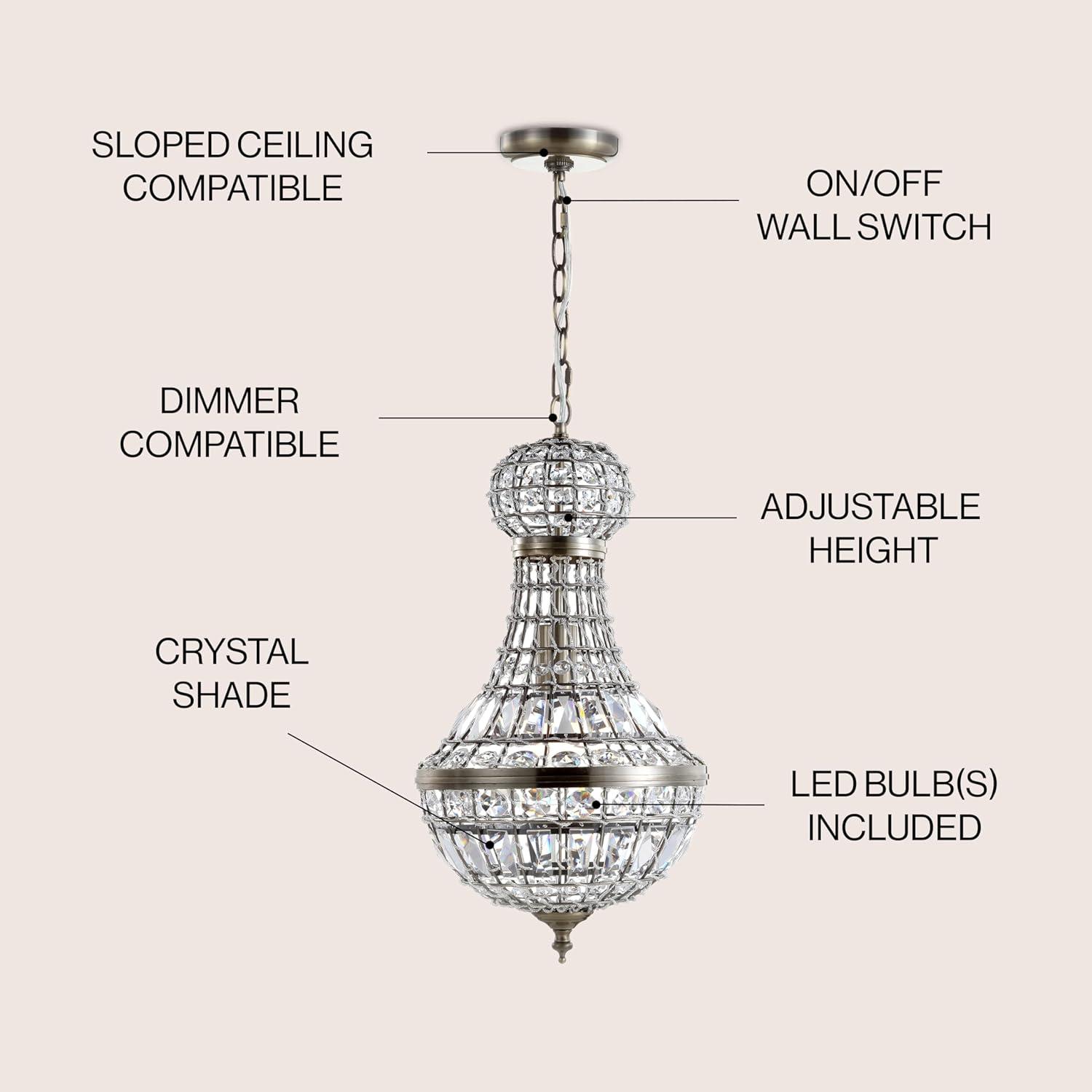 Regina 10" Crystal/Metal Empire LED Pendant, Antique Brass