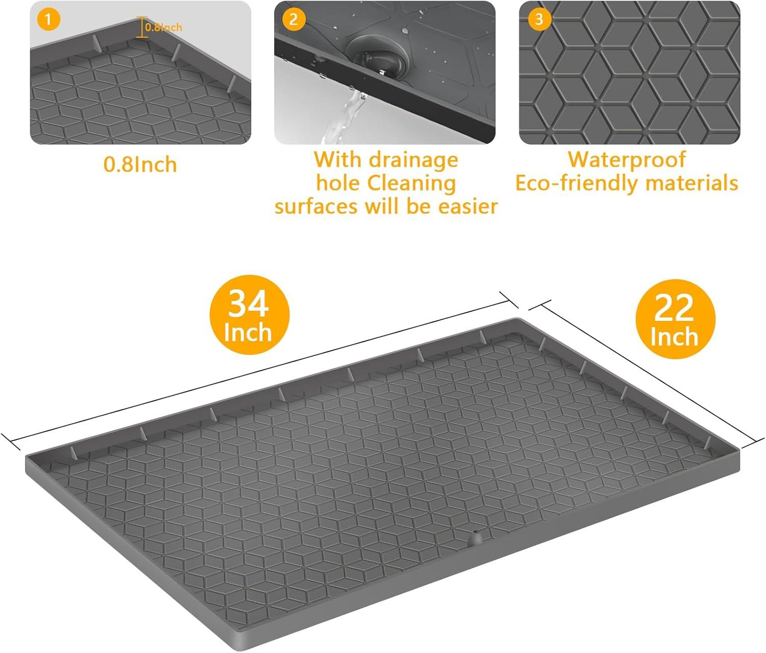 Under Sink Mat, 34" x 22" Waterproof Silicone Under Sink Tray for Kitchen & Laundry Cabinets, Kitchen Cabinet Shelf Protector, Up to 3.3 Gallons Liquid, Fits 36 inch Standard Cabinet (Grey)