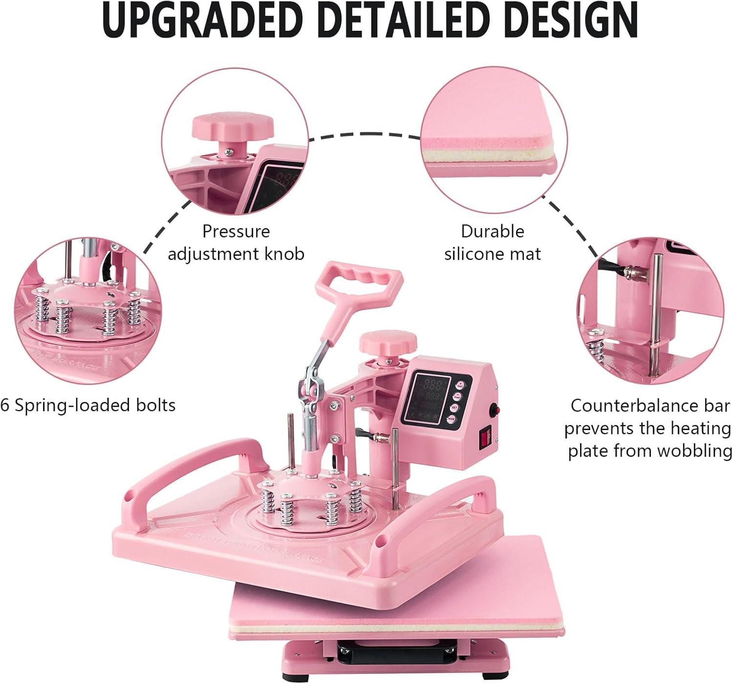 Pink 15x15 Inch 5-in-1 Heat Press Machine with Tumbler Attachments