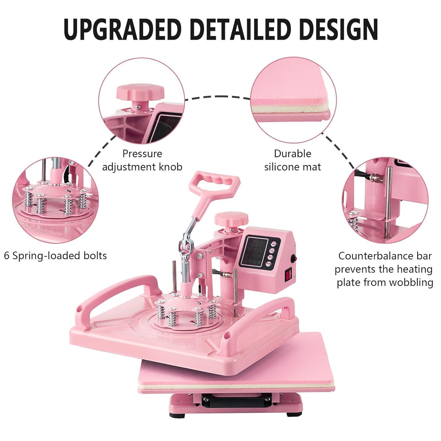VEVOR Heat Press Machine 15x15 inch, Heat Press Machine for T-Shirts, 5 in 1 Heat Press with 30 OZ Tumbler Press, Combo Tumbler Heat Press Machine Sublimation for Hat Cap Mug Plate, Pink
