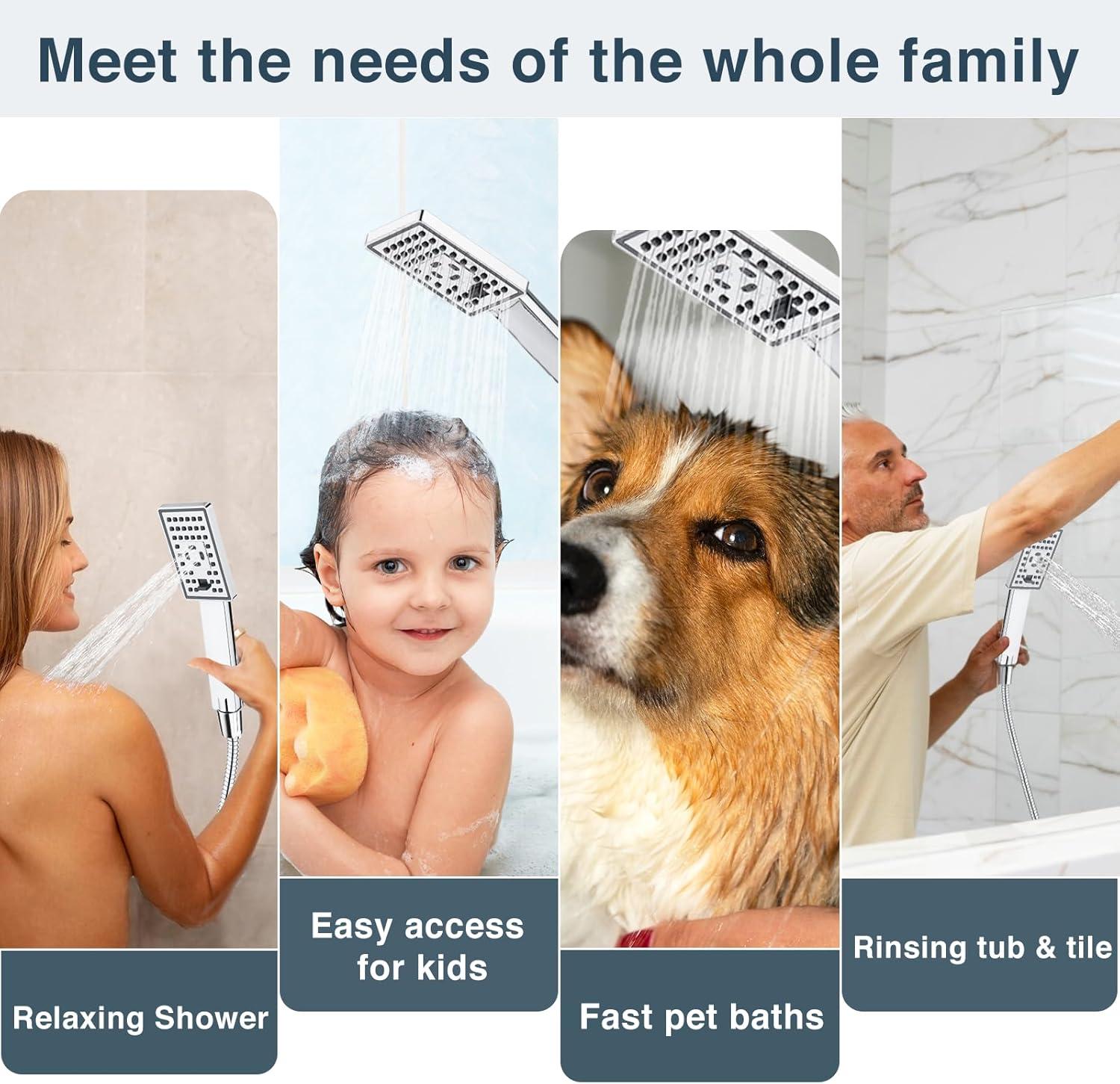 BRIGHT SHOWERS Rain Shower Head Combo, 8" Rainfall Shower with Handheld Spray, 60" Hose, 3-Way Diverter, Wall Bracket, Chrome