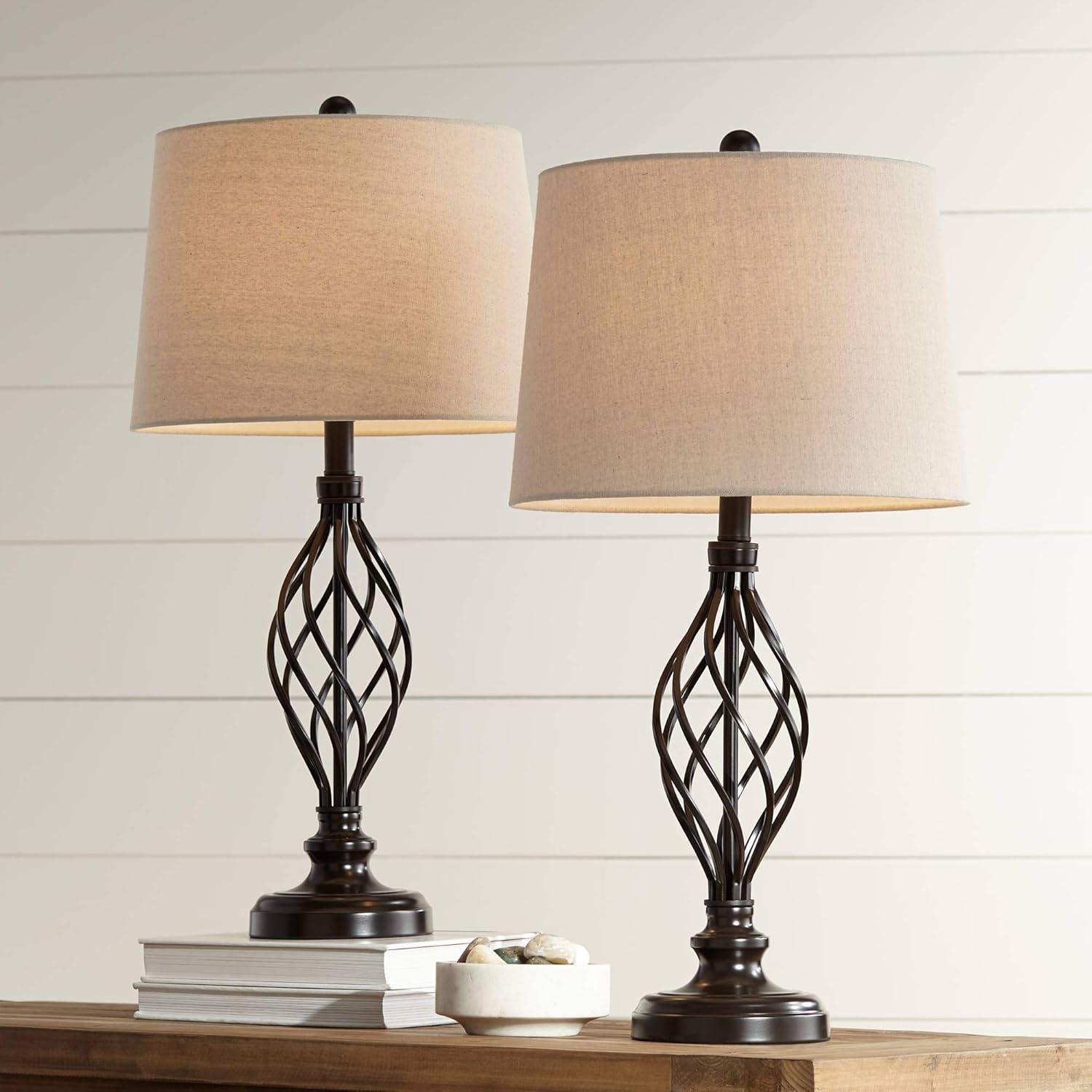 Franklin Iron Works Annie Modern Industrial Table Lamps 28" Tall Set of 2 Bronze Iron Cream Tapered Drum Shade for Bedroom Living Room Nightstand