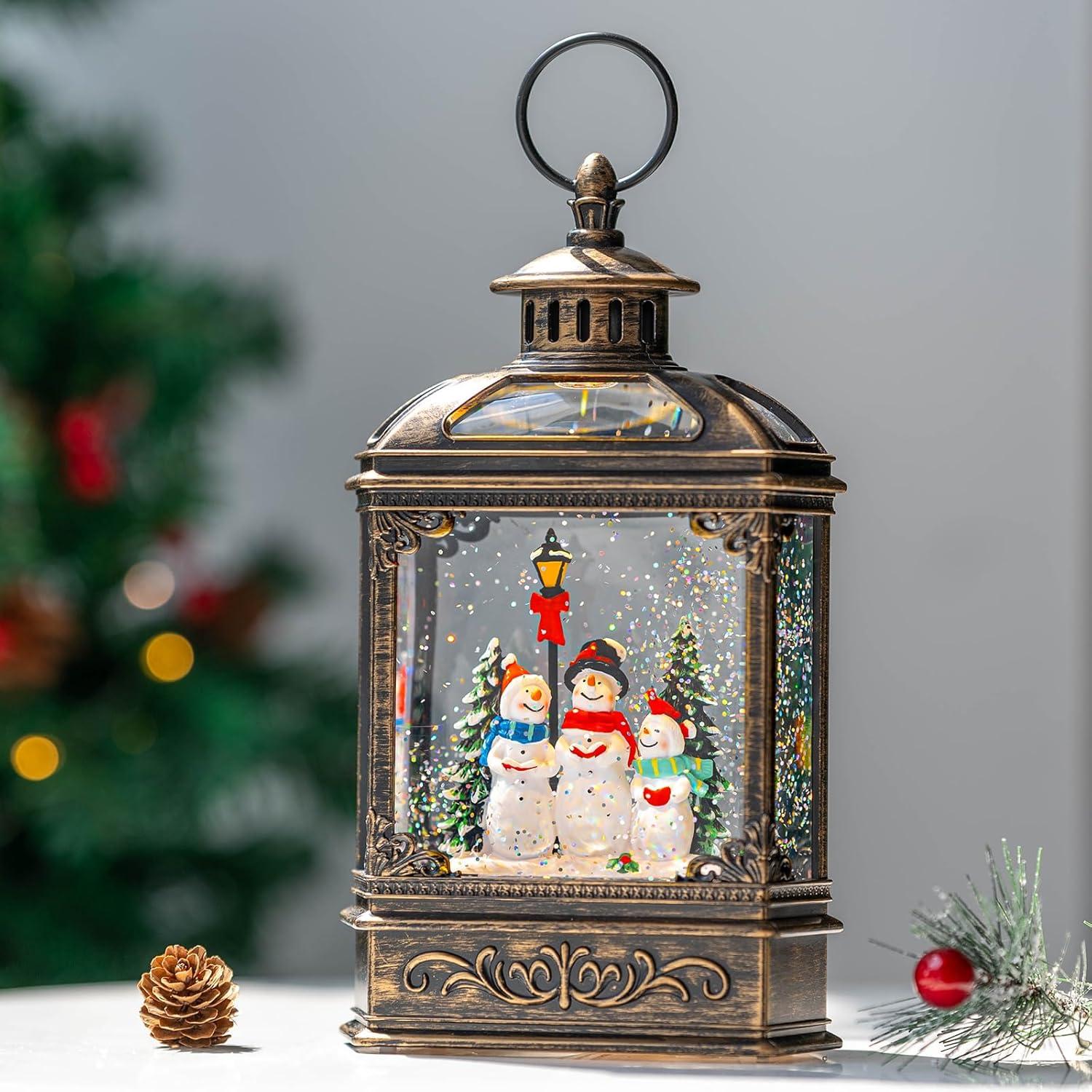 Christmas Snow Globe Lantern Water Glittering Snowman Family With Music & Timer, USB Lined/Battery Operated Lighted Lantern For Christmas Festival Decoration Gifts