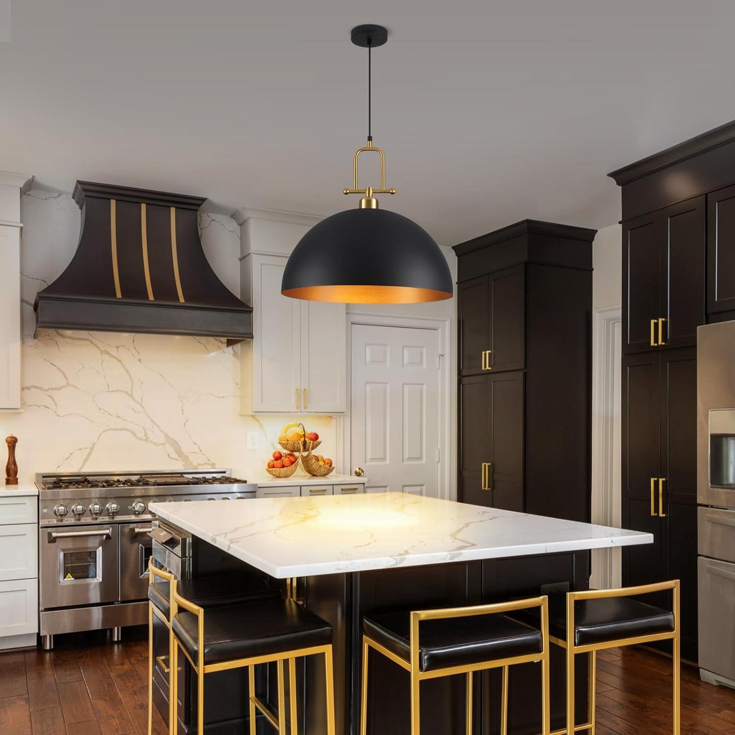 Everly Quinn 17.7" Farmhouse Vintage Black And Gold Pendant Light - Dome Chandelier For Kitchen Island, Dining Room, Hallway