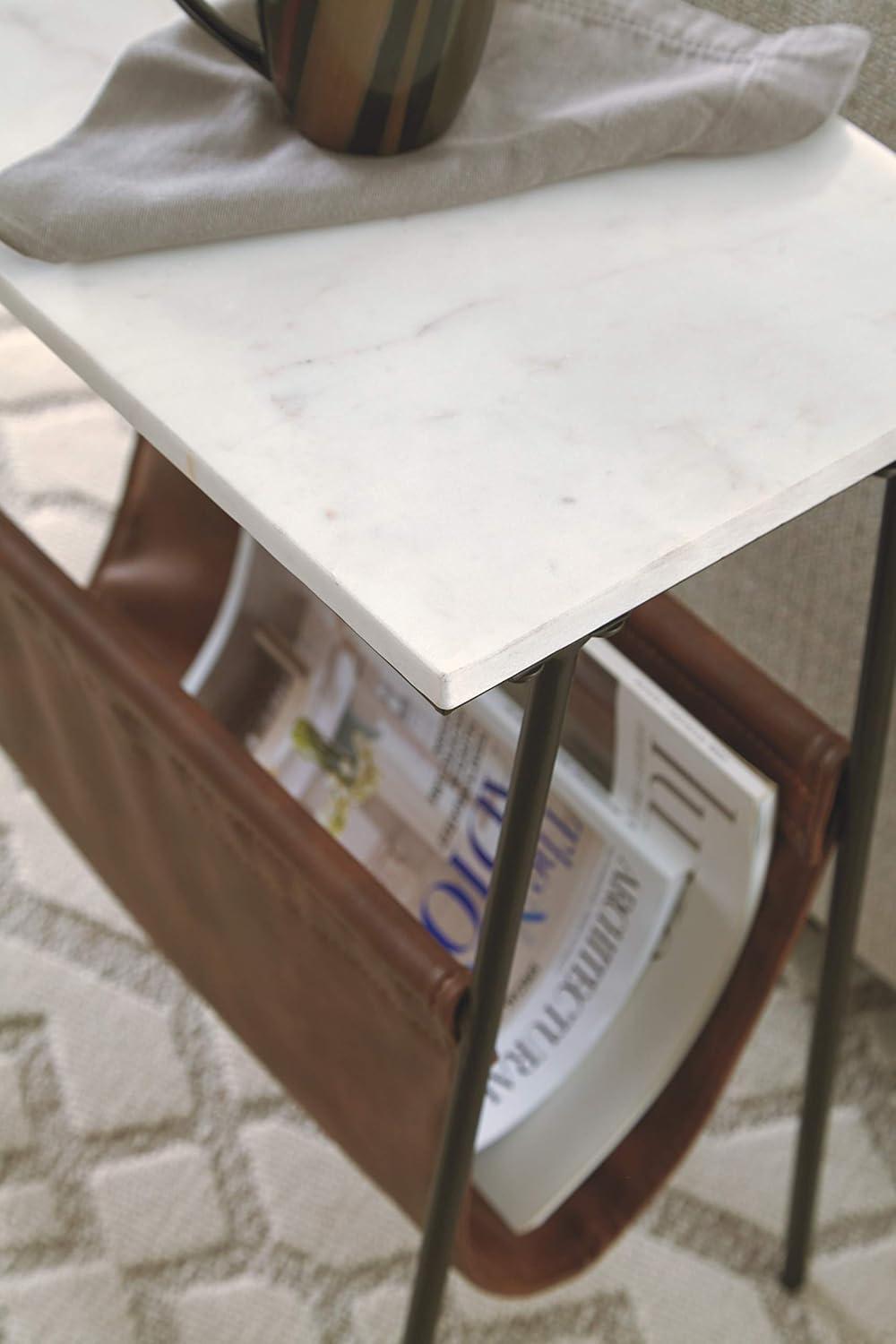 Etanbury Side Table Brown/Black/White - Signature Design by Ashley: Marble Top, Faux Leather Magazine Holder