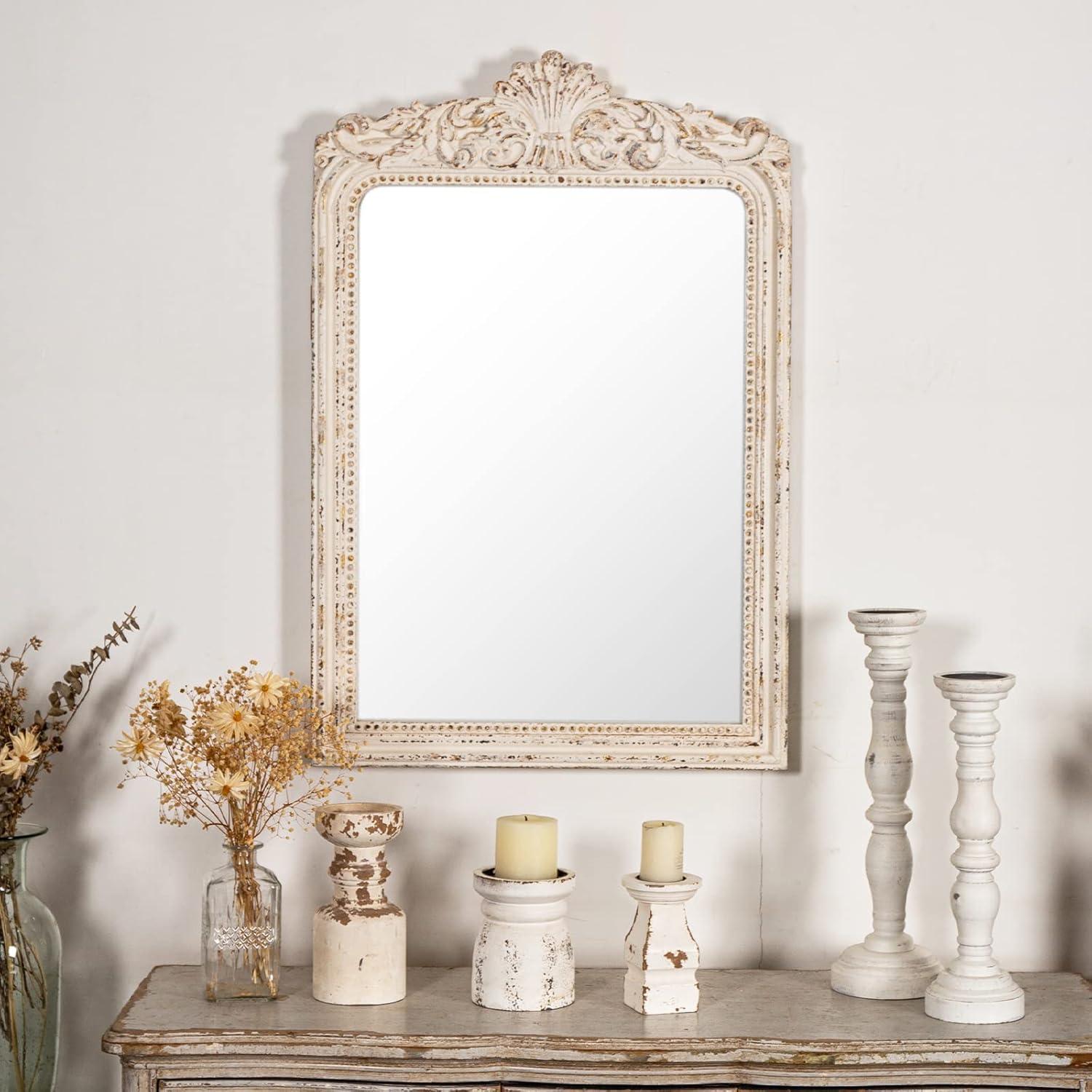 Ophelia & Co. Vintage Ornate Wood Framed Mirror Decorative For Wall 24" x 36", Hanging Distressed White Rustic Wall Mirrors