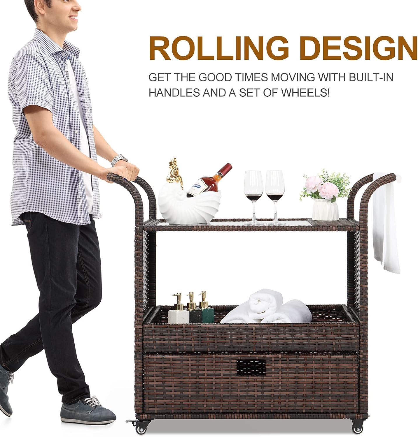 Outvita Outdoor Rolling Wicker Bar Cart, Rolling Rattan Beverage Bar Counter Table with Ample Storage Basket, Drawer and Loakable Wheels Glass Top for Patio Poolside Party