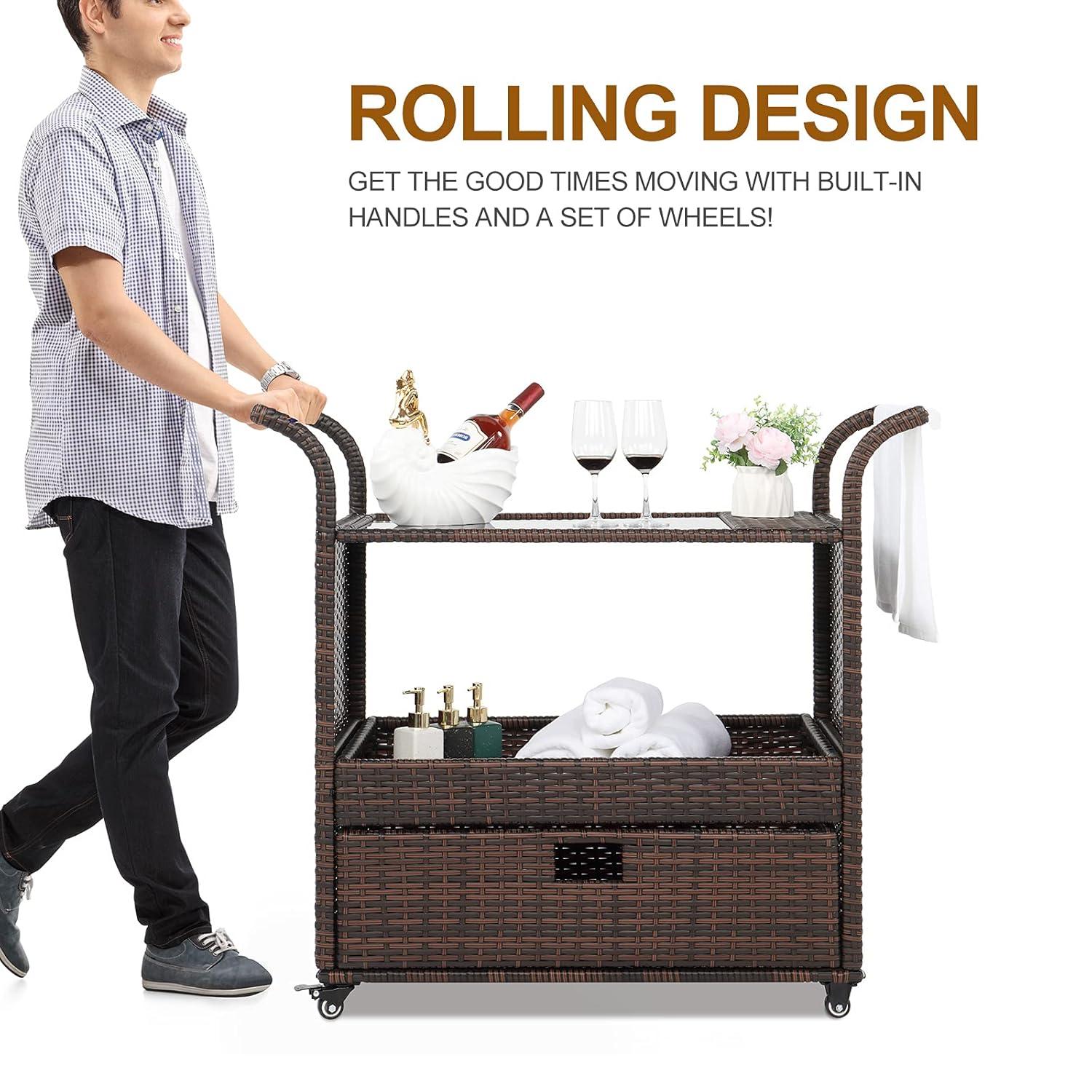 Outvita Outdoor Rolling Wicker Bar Cart, Rolling Rattan Beverage Bar Counter Table with Ample Storage Basket, Drawer and Loakable Wheels Glass Top for Patio Poolside Party