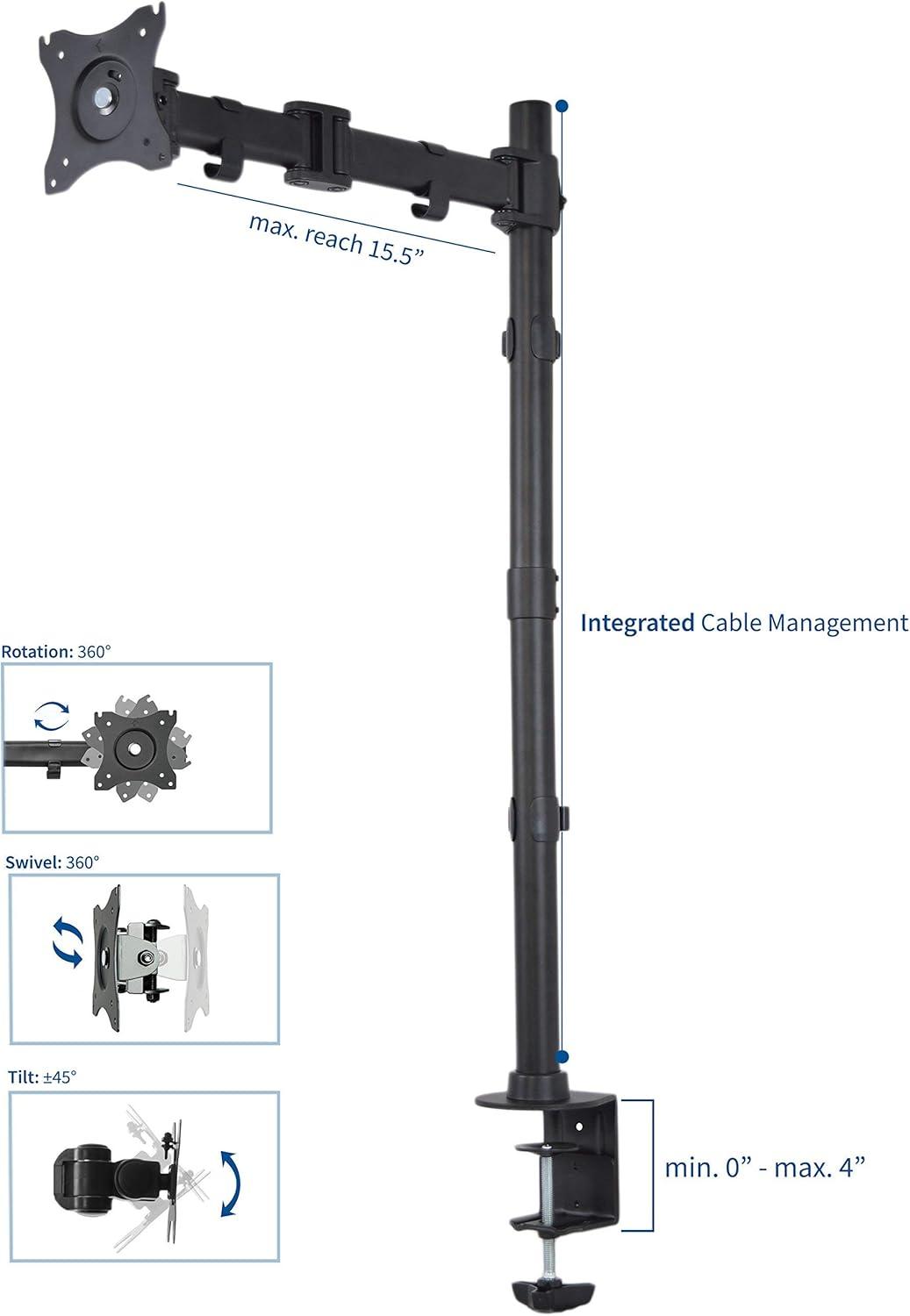 Black Adjustable Single Monitor Desk Mount with Extra Tall Pole