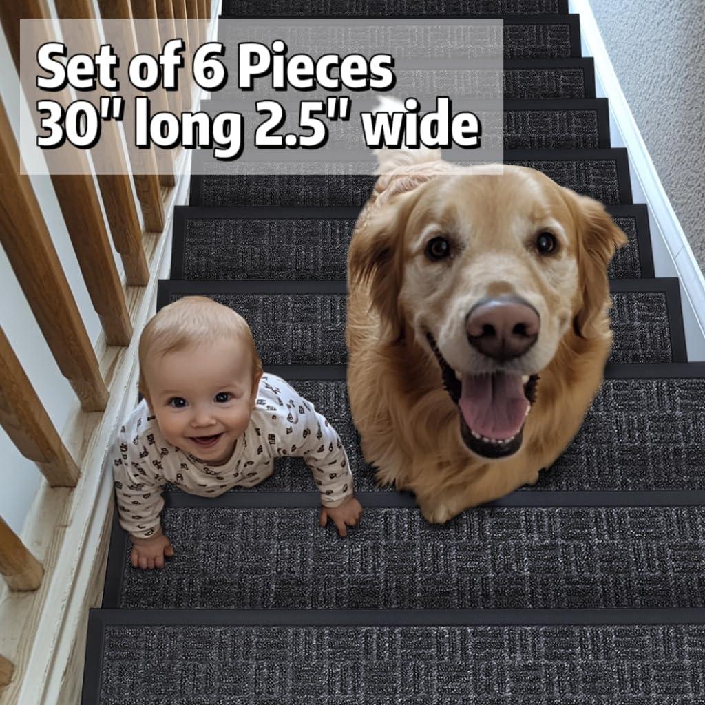 Aucuda 6pcs 8.5" x 30" Stair Treads Outdoor for Elders and Dogs on Wooden Steps, Non Slip Stair Runner Rug Heat Insulation Rubber Backing, Staircase Mat Carpet for Indoor Grip Farmhouse.