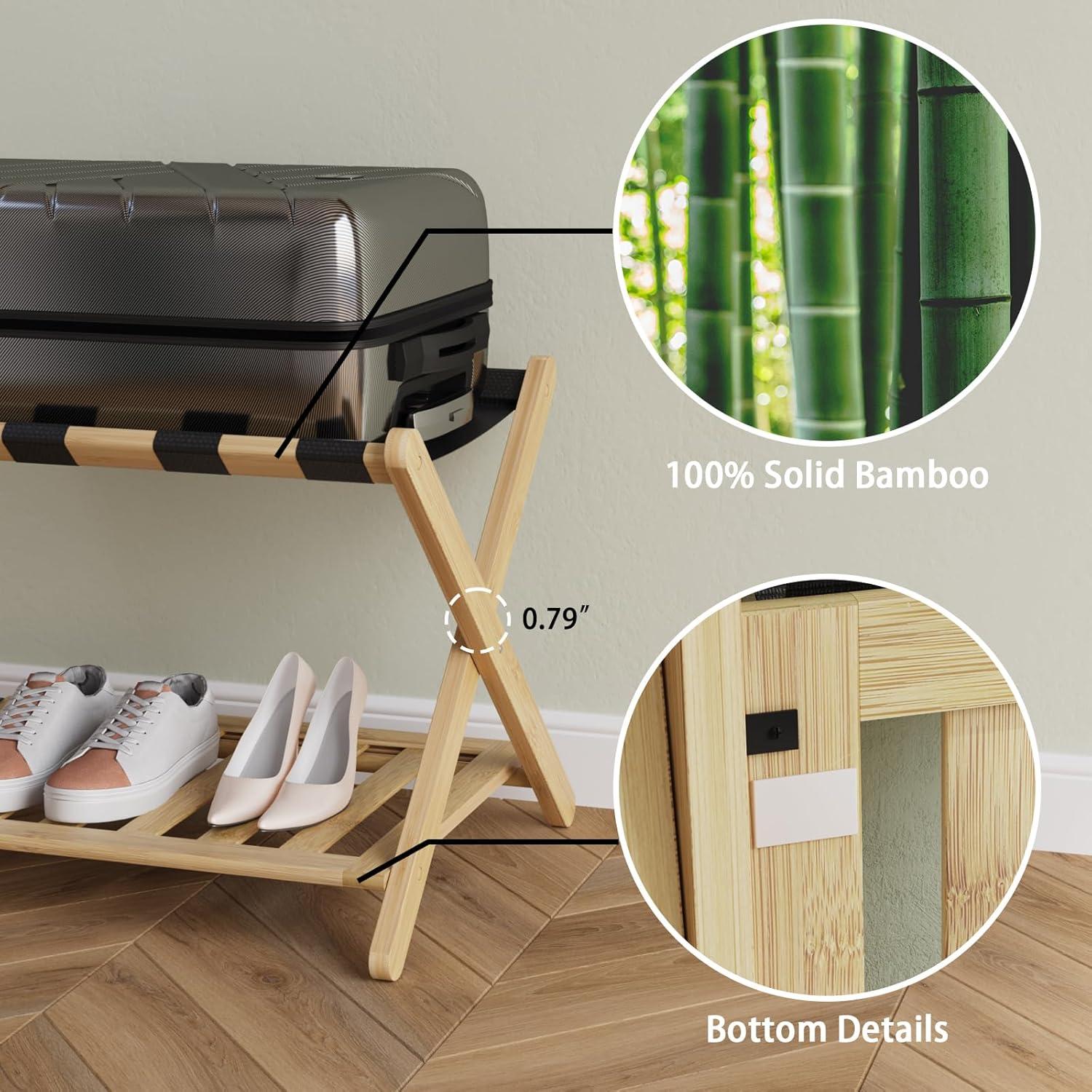 Natural Bamboo X-Shaped Folding Luggage Rack with Shelf