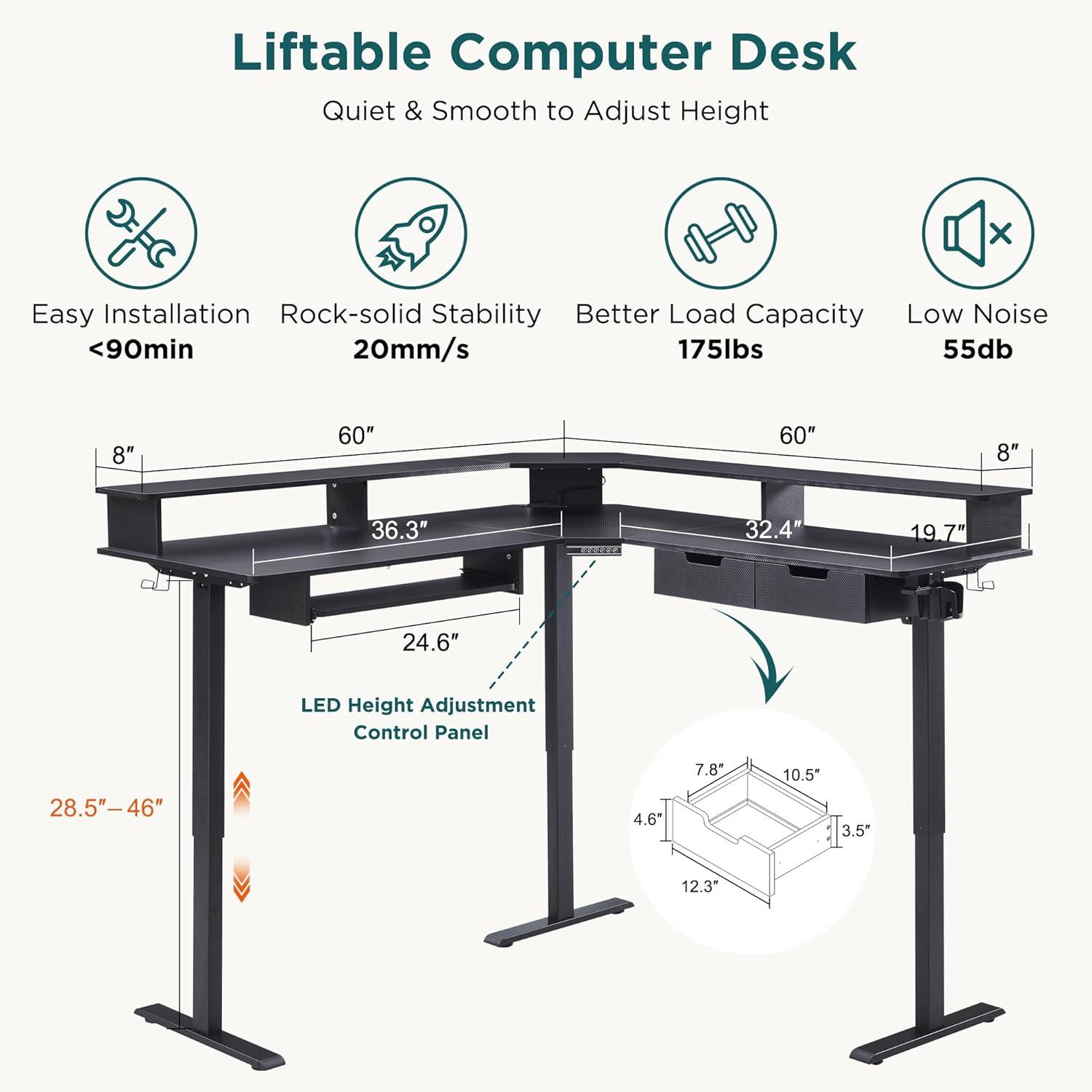 RedLemon 60 Inches L Shaped Electric Standing Desk, Height Adjustable Corner Gaming Desk with Drawers, Power Outlets & LED Lights, Computer Desk with Monitor Shelf, Carbon Fiber Black