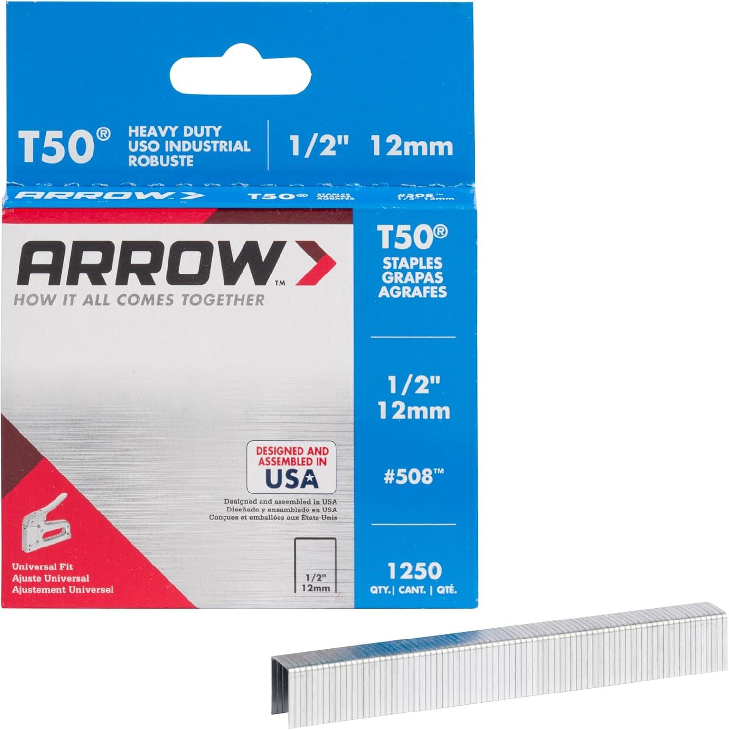 Arrow 508 Heavy Duty T50 1/2" Leg Length, 3/8" Crown, Staples, Heavy Duty, for General Repairs, DIY, Home Improvement, New