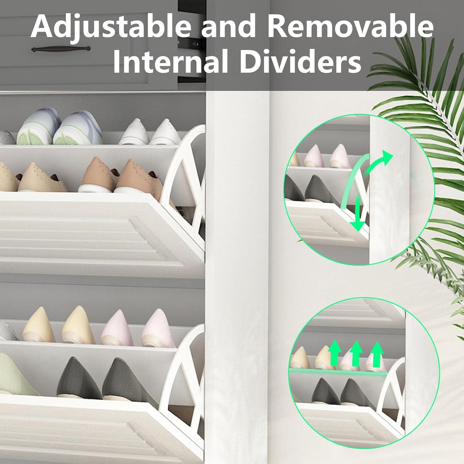 Miniyam Shoe Cabinet, Flip Down Freestanding Shoe Rack with Drawers, Entryway Shoe Storage Organizer, White