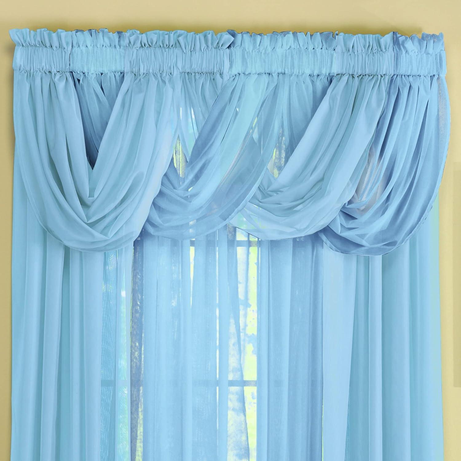 Collections Etc Scoop Two-Piece Rod Pocket Solid-Colored Sheer Valances for Windows, Decorative Accent and Added Privacy for Any Room in Home, Blue