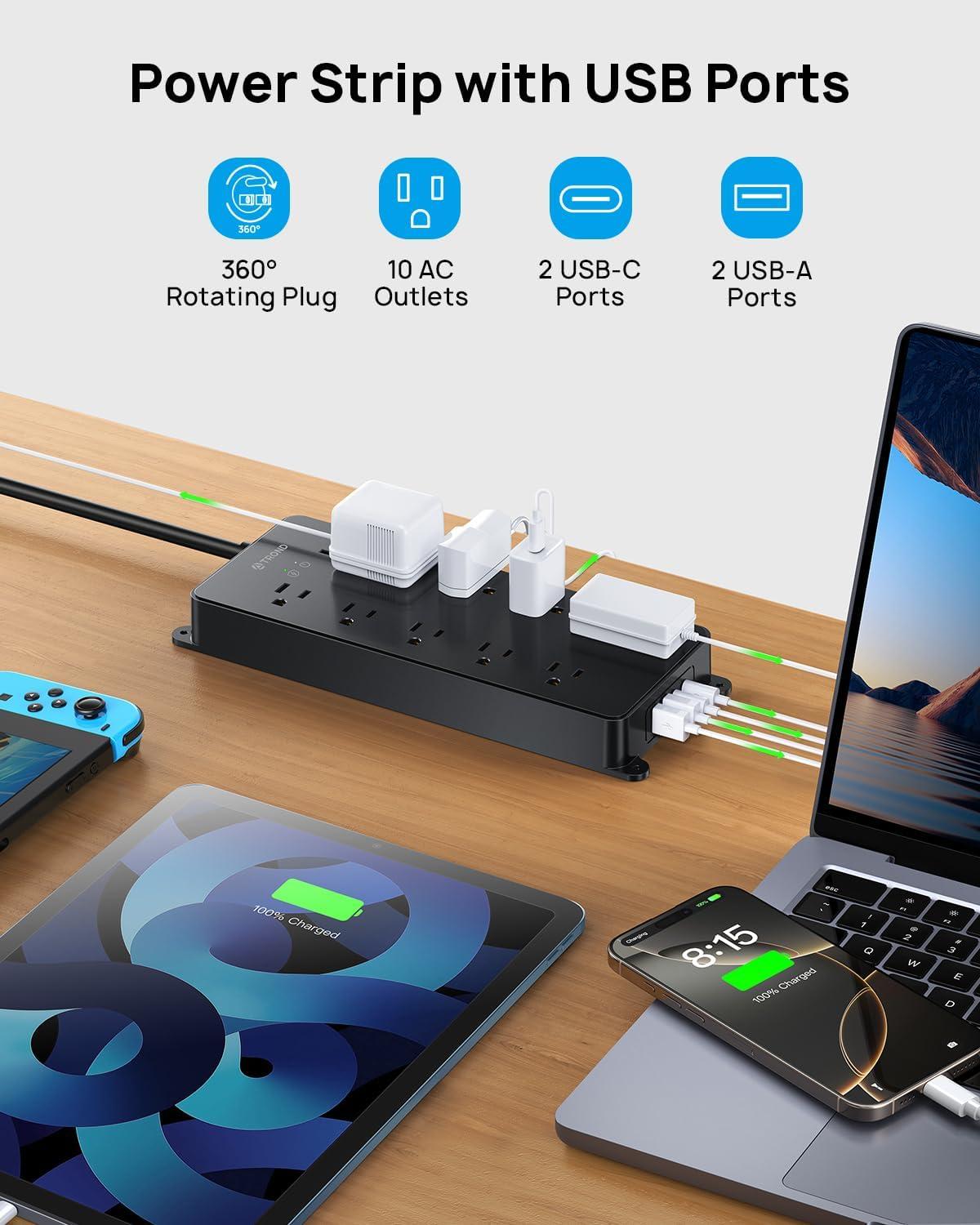 TROND Power Strip Surge Protector, 4000J, ETL Listed, 15A, 10 Widely Spaced Outlets with 4 USB Ports, Flat Plug 5ft Extension Cord, Wall Mountable, 14AWG Heavy Duty, for Home Office Garage, Black