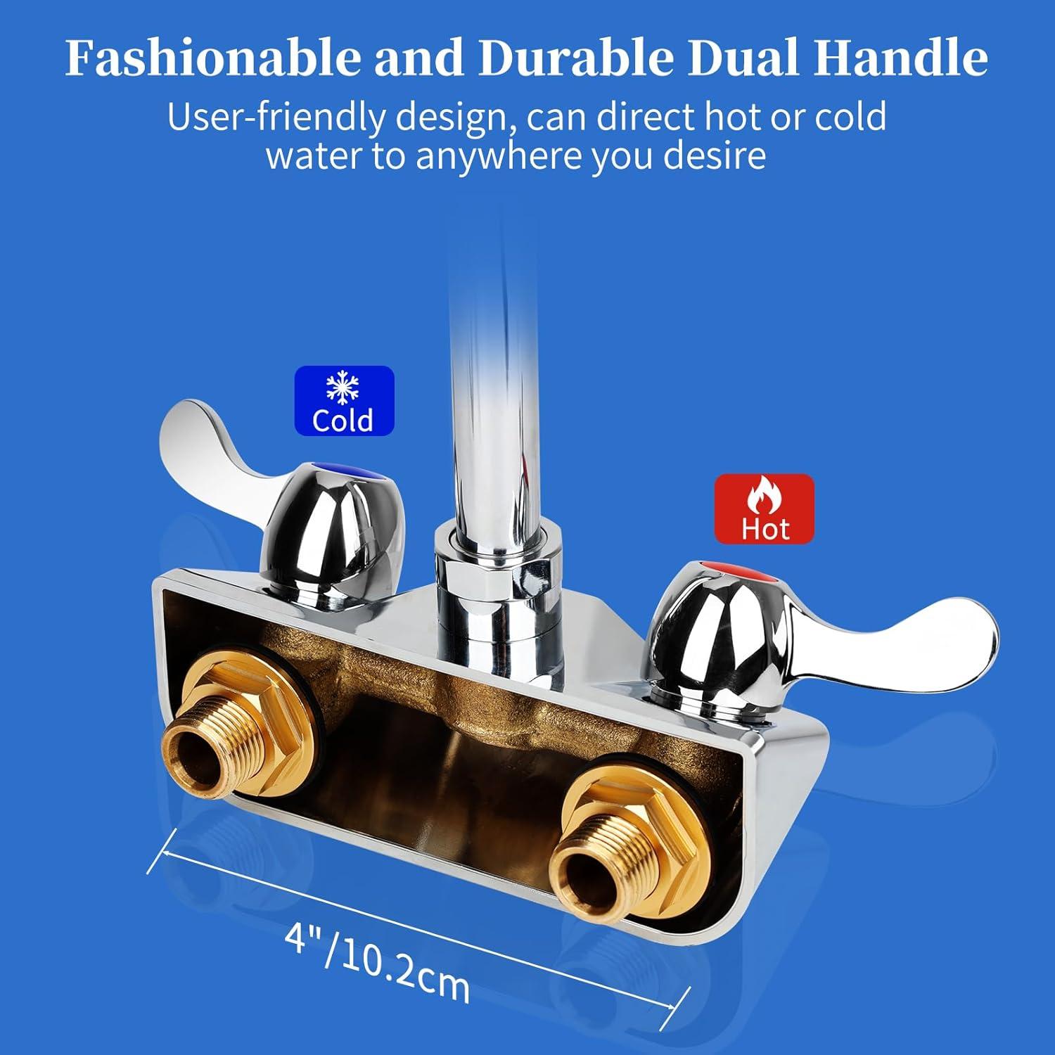 KWODE 4 Inch Center Commercial Hand Sink Faucet with 3-1/2”Gooseneck Spout, Dual Lever Handle Wall Mount Kitchen Sink Faucet, Brass Constructed, Chrome