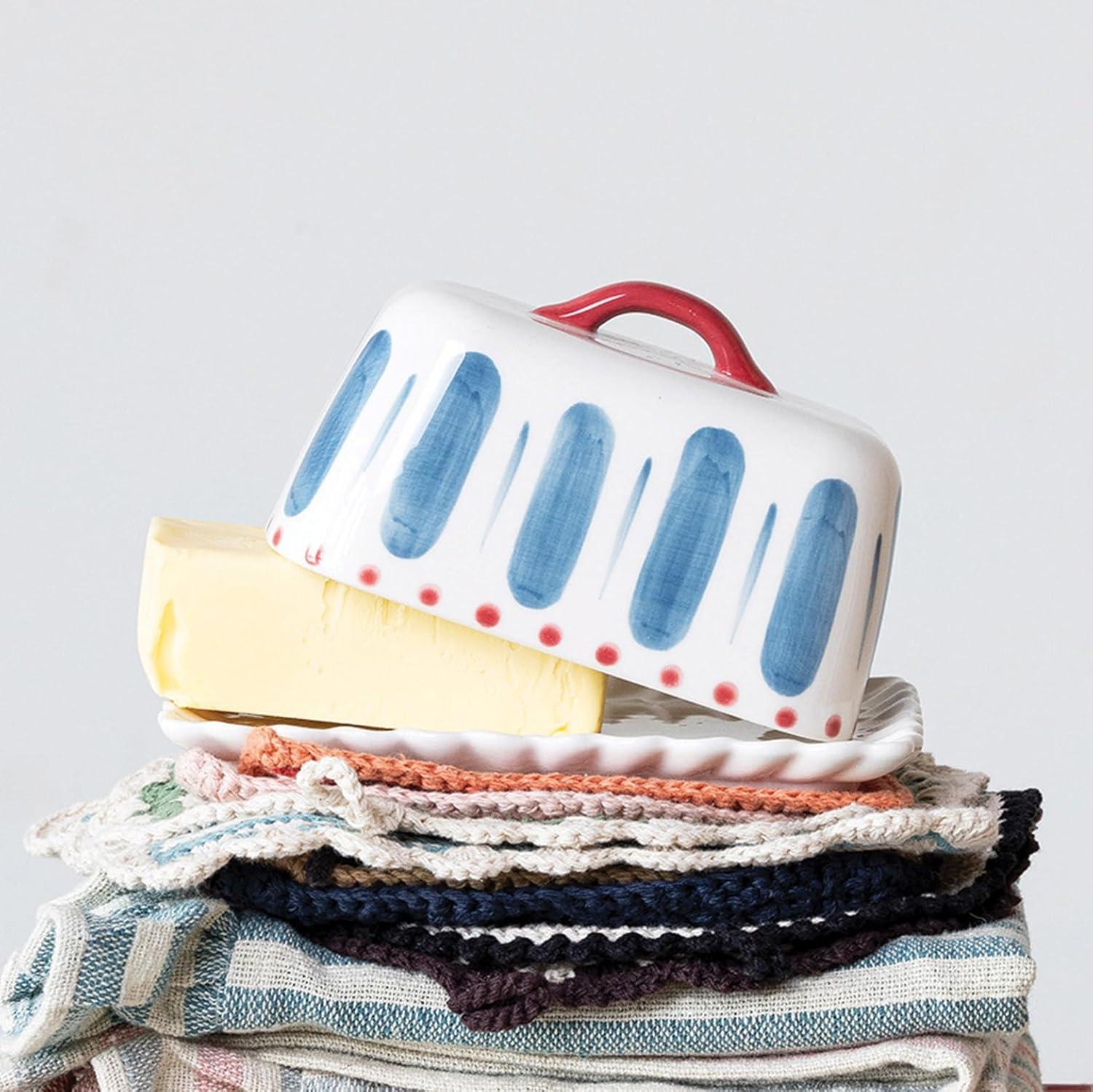 Hand-Painted Stoneware Butter Dish with Scalloped Edge