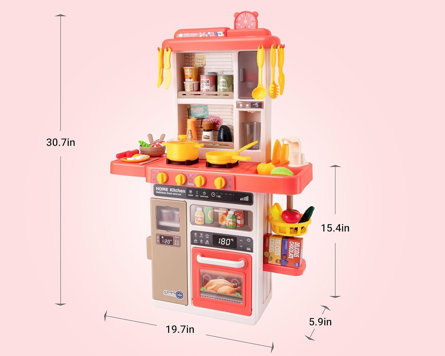 Koppop Kids Kitchen Playset 50pcs - with Sound, Light & Steam Effects, Pretend Play Toys Includes Food, Sink & Stove, Ideal for Boys & Girls Ages 3-6 (Red).