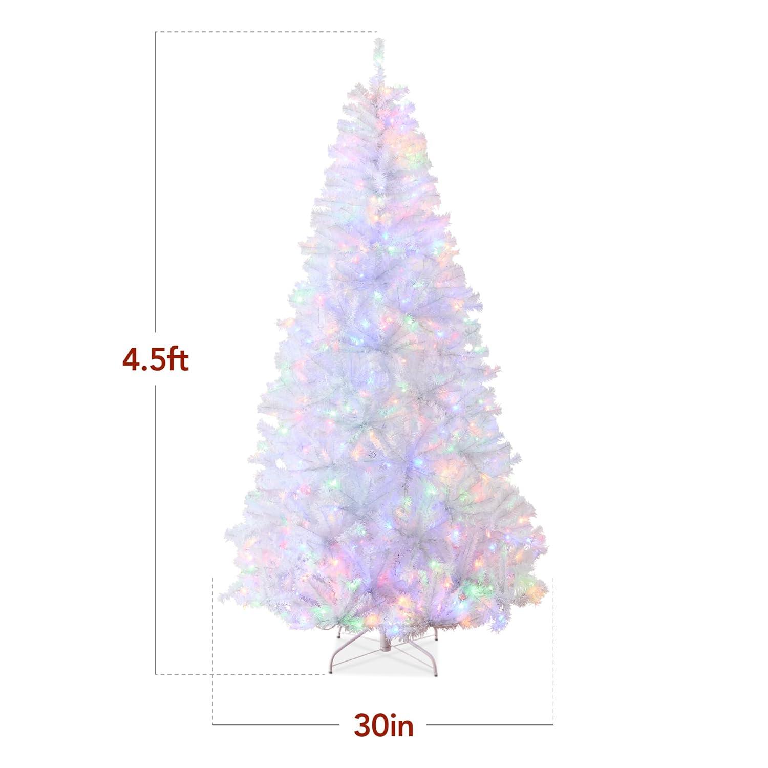 Best Choice Products 4.5ft Pre-Lit Premium Hinged Artificial White Christmas Pine Tree w/ 200 Multicolor Lights, Stand