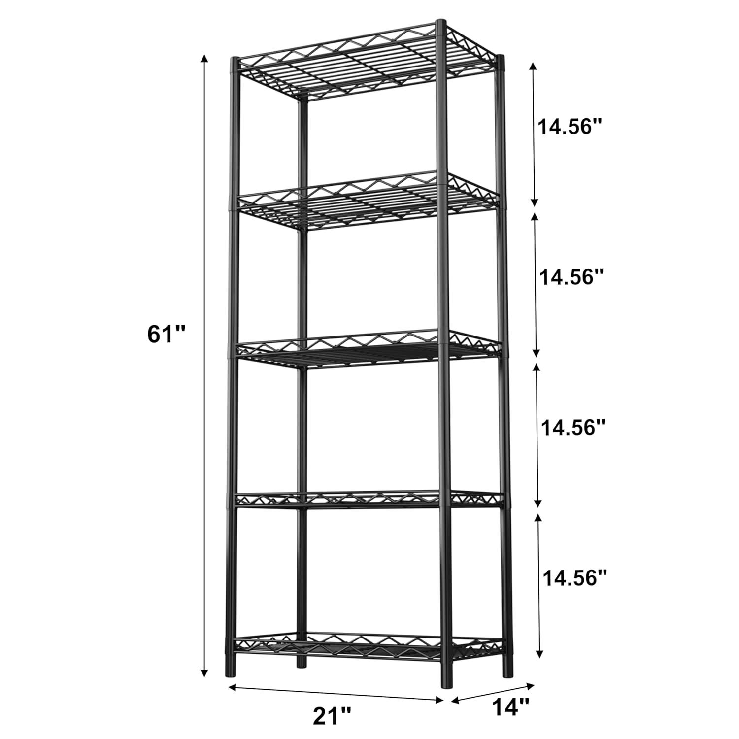 HOMEFORT 5-Tier Wire Shelving 5 Shelves Unit Metal Storage Rack Durable Organizer Perfect for Pantry Closet Kitchen Laundry Organization in Black,21”Wx14”Dx61”H