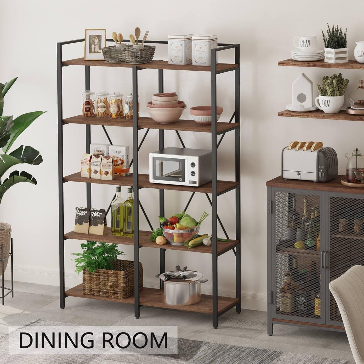 Rustic Oak and Black Metal 5-Tier Industrial Bookshelf