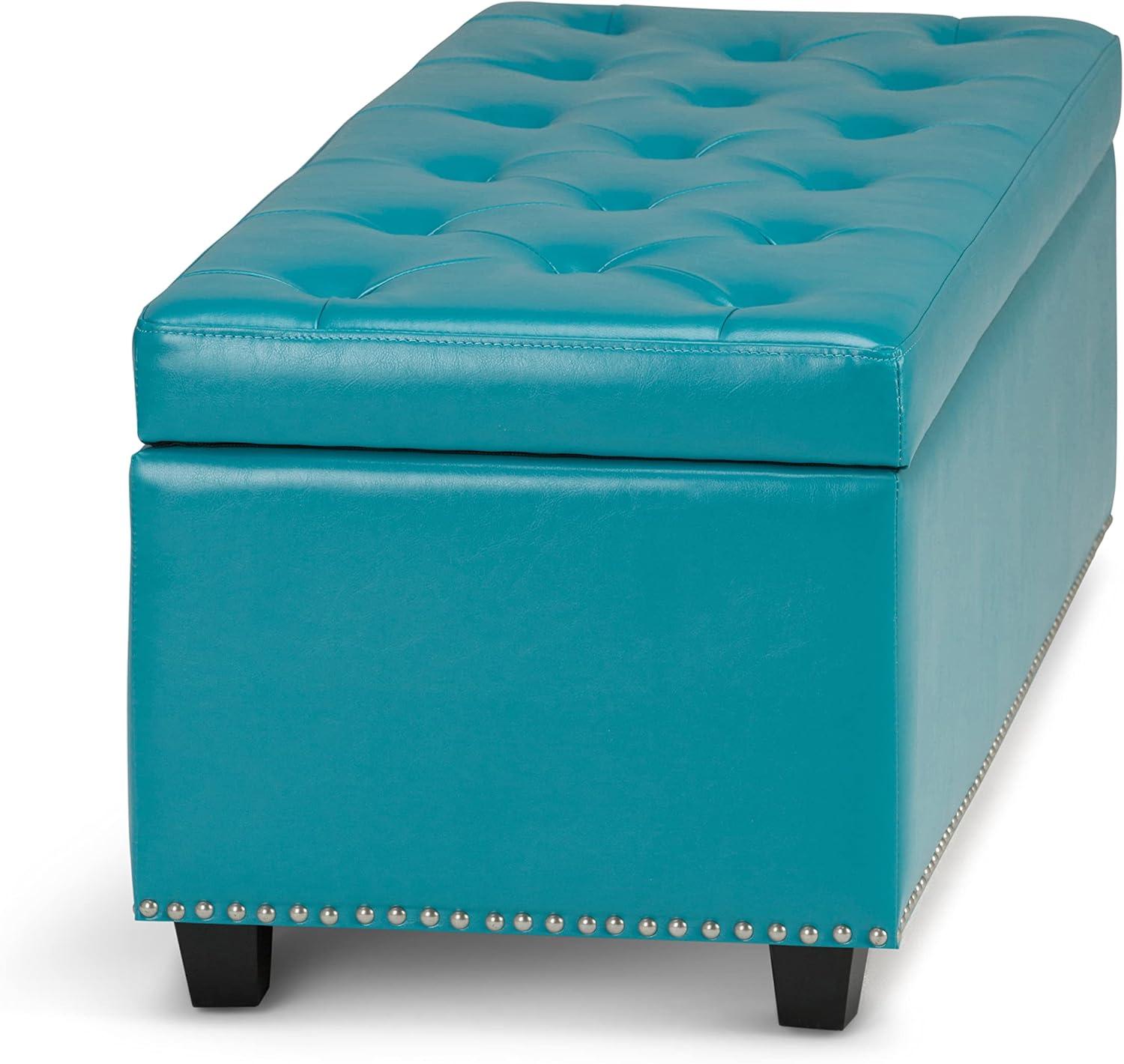 Simpli Home Hamilton 48" Transitional Rectangle Ottoman in Mediterranean Blue Faux Leather